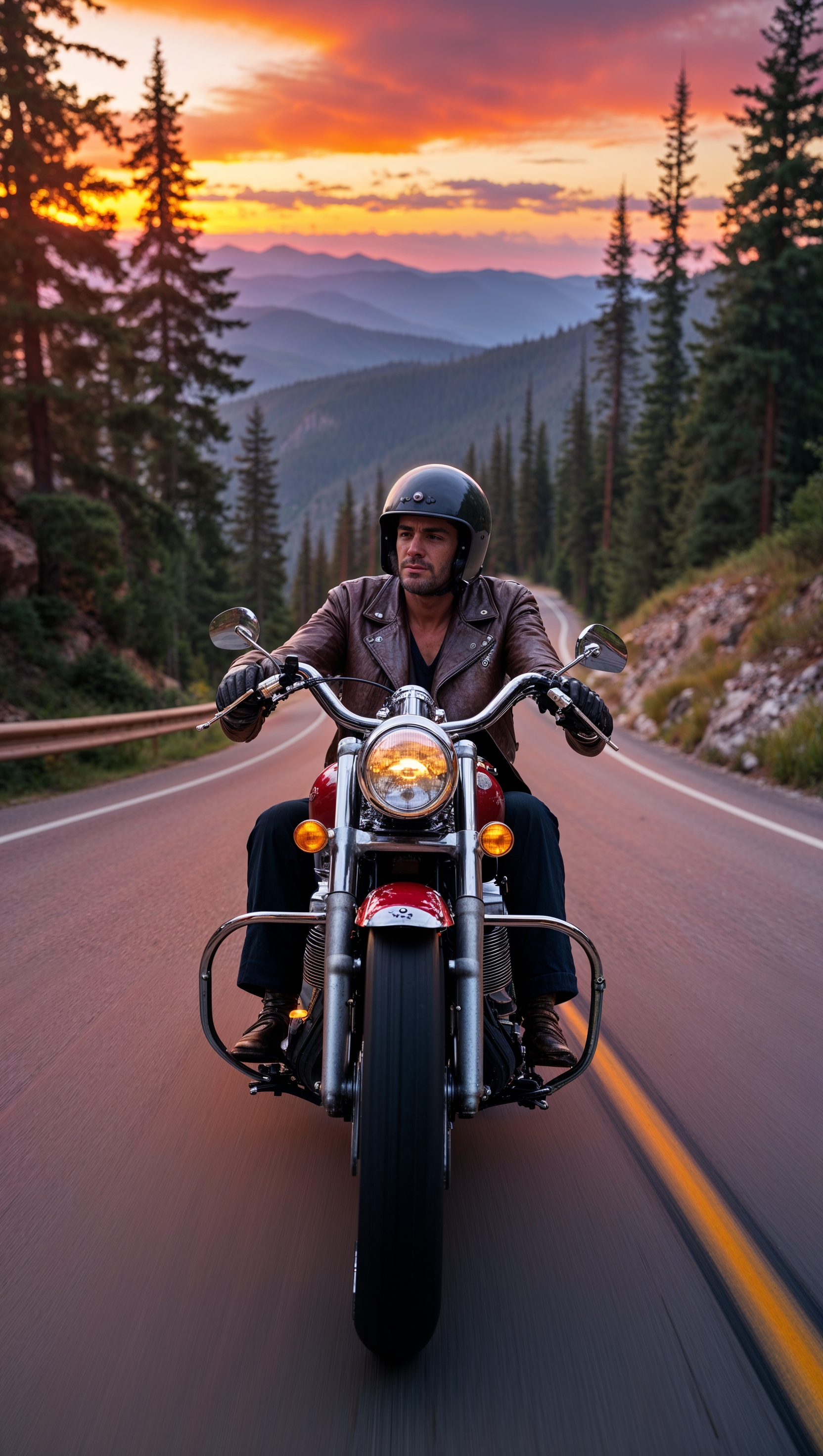 Harley Davidson motorcycle on a mountain road with sunset sky