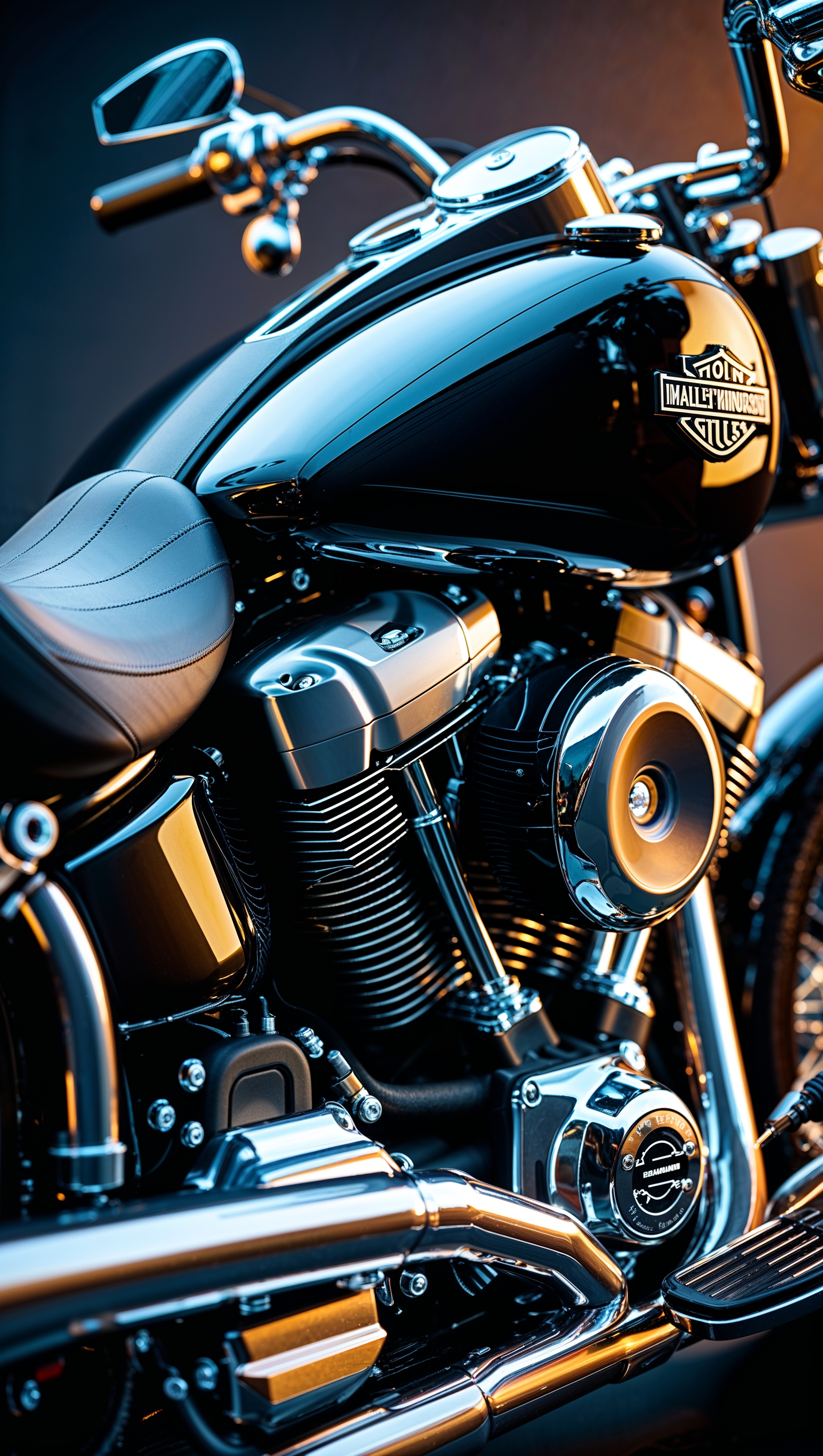 Close-up of Harley bike with shiny chrome details