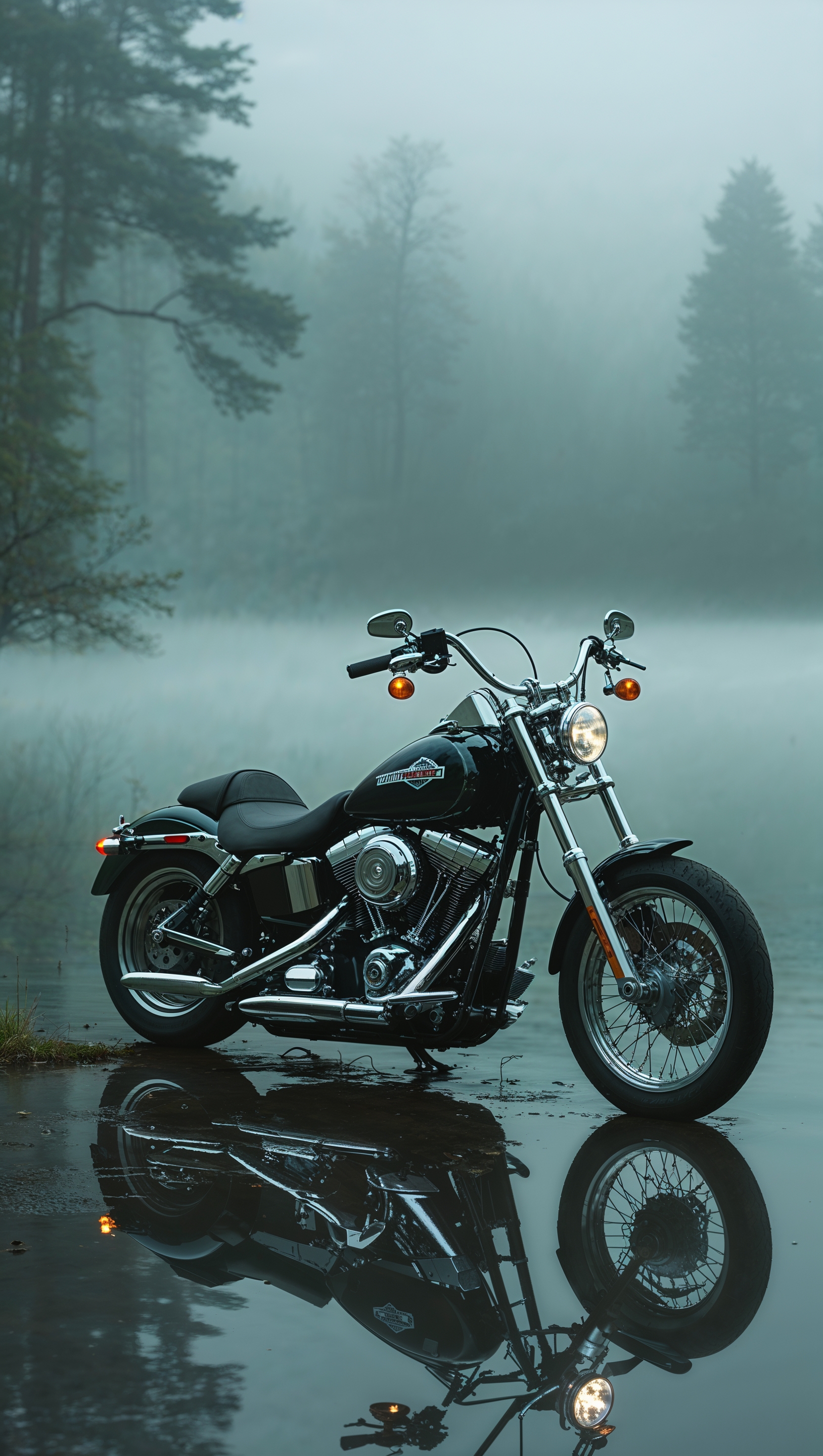 Harley Davidson by a foggy lake