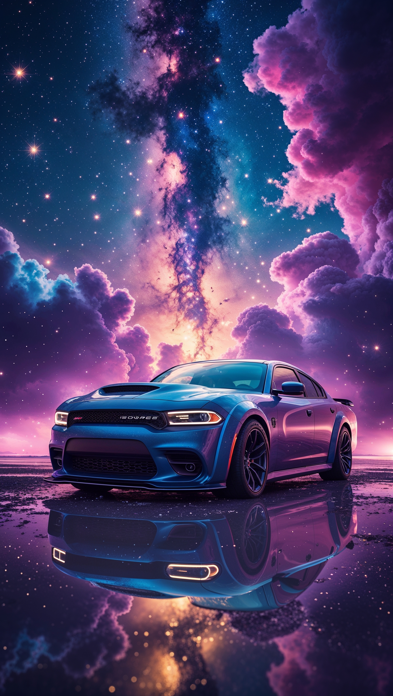 Dodge Hellcat with a galaxy and stars background, 4K wallpaper for iPhone
