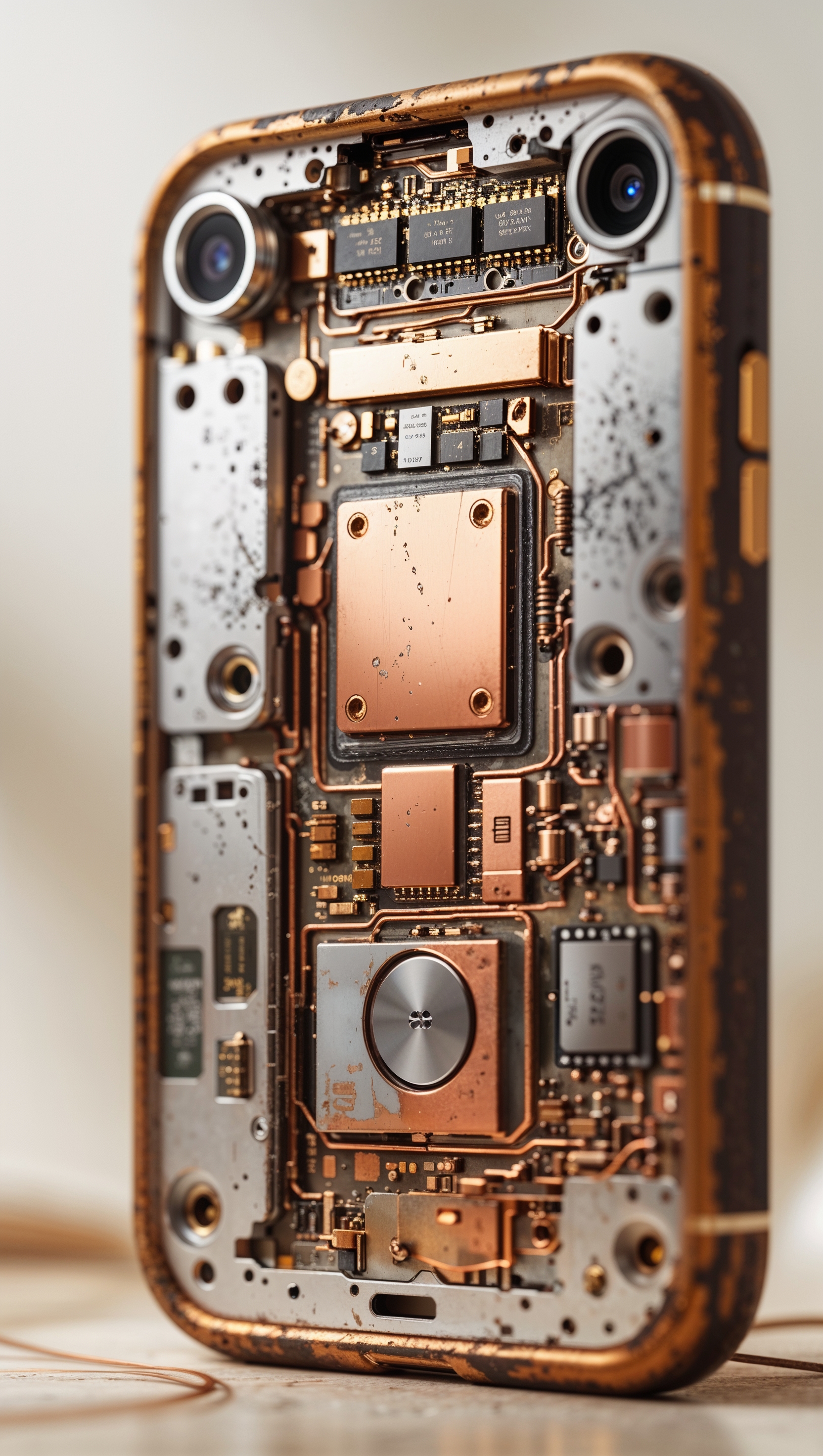 Vintage-style internal view of a classic iPhone