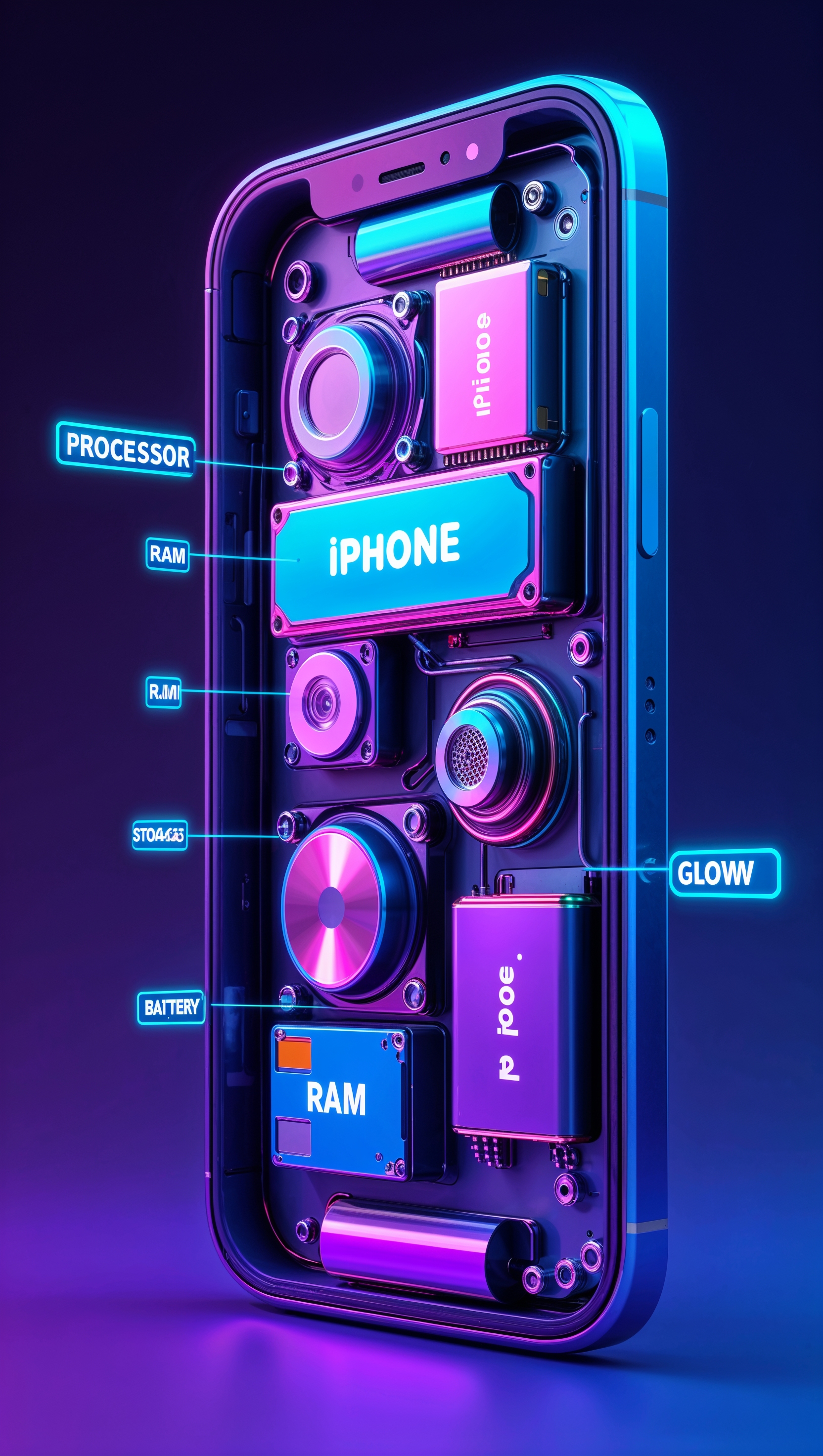 Animated-style iPhone interior with labeled glowing parts