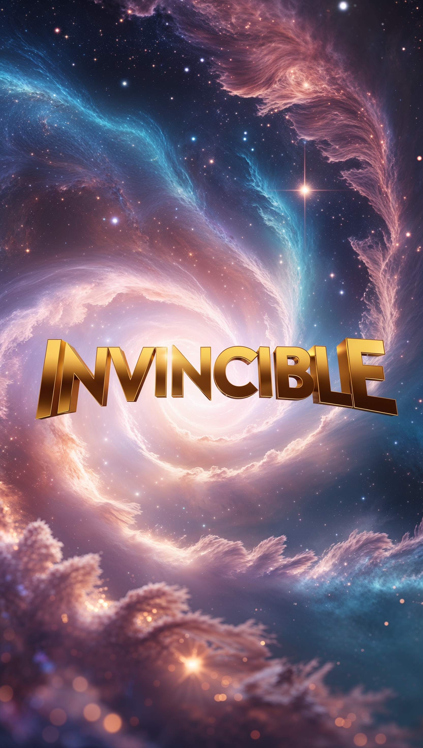 A glowing galaxy with the word "Invincible" in the center – 4K iPhone