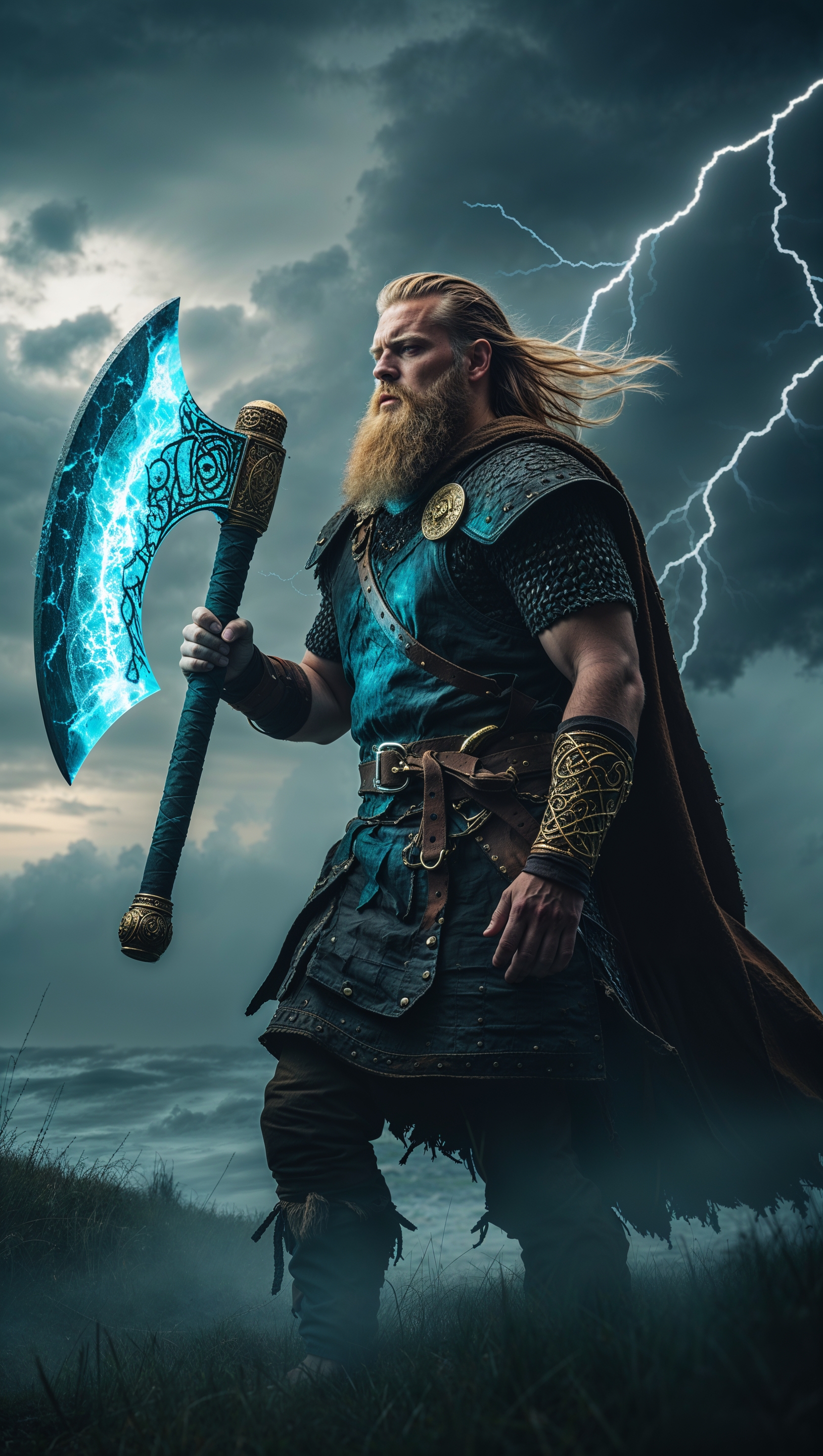 A Viking warrior with a glowing axe, standing against a storm, invincible power – 4K iPhone