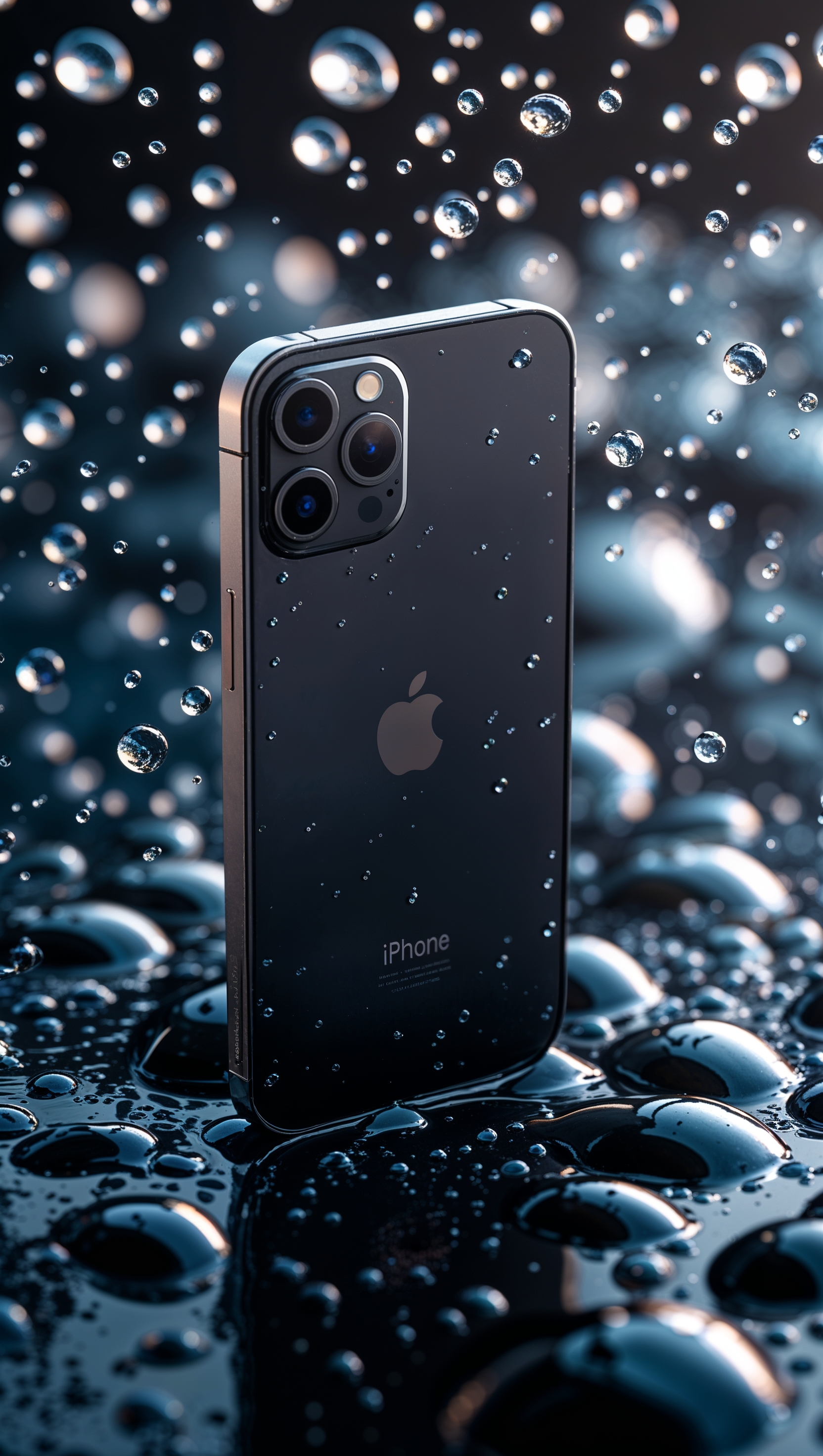 iPhone 15 Pro Max surrounded by water droplets, cinematic effect, 8K