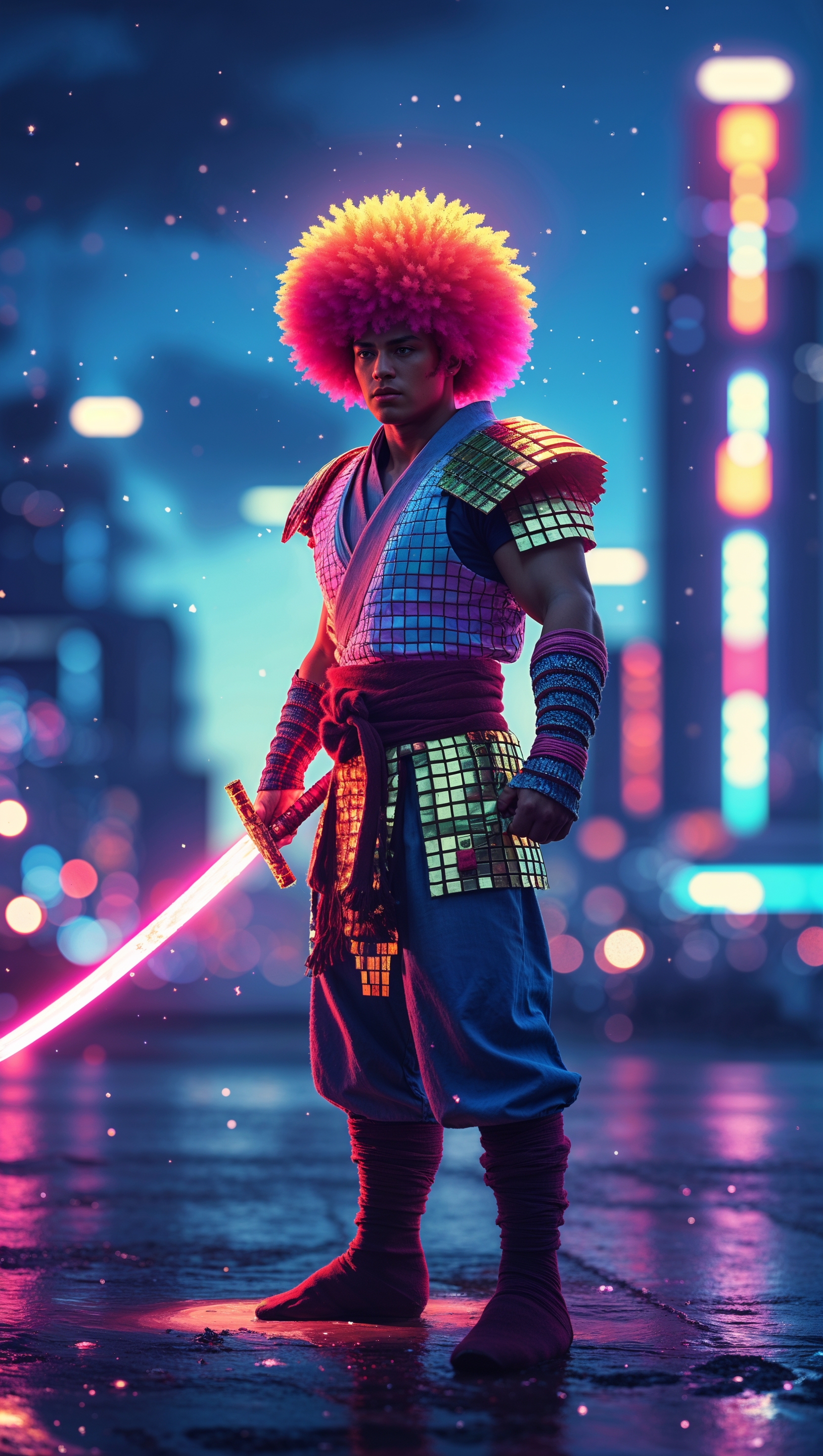 Pixel art Afro Samurai, retro video game aesthetic, iPhone wallpaper
