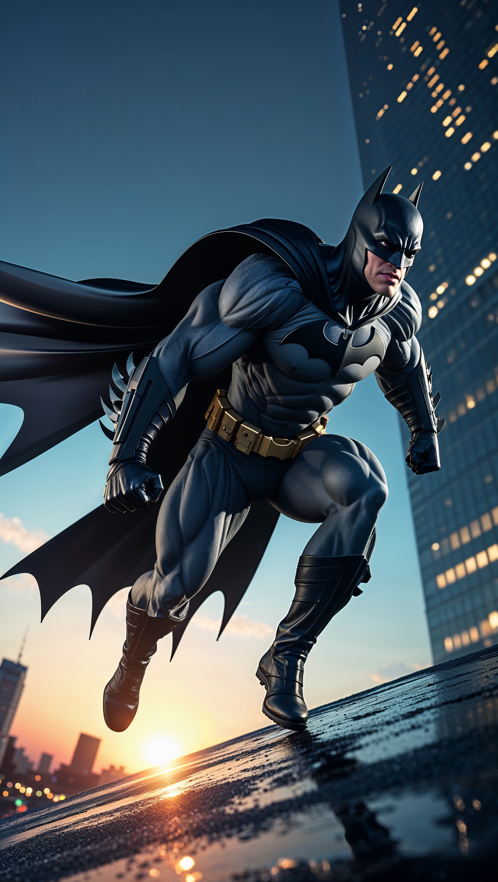 Batman jumping off a building, low-angle shot, 4K wallpaper for iPhone