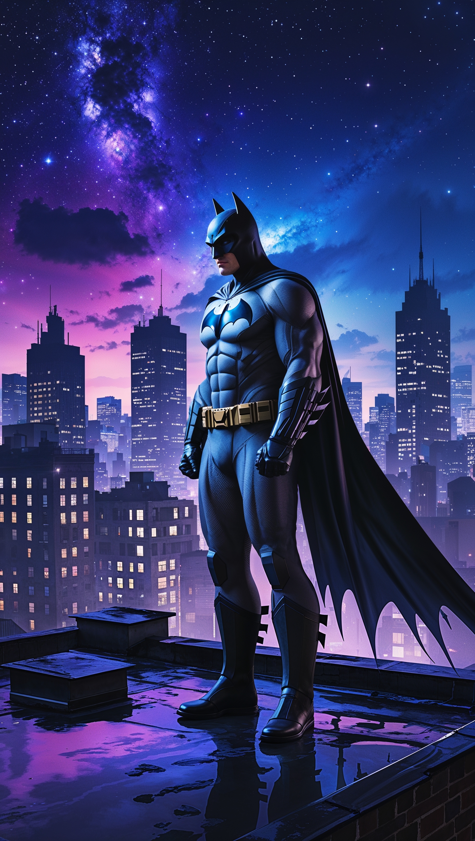 Batman standing on a rooftop at night in Gotham, with a starry sky, 4K wallpaper for iPhone