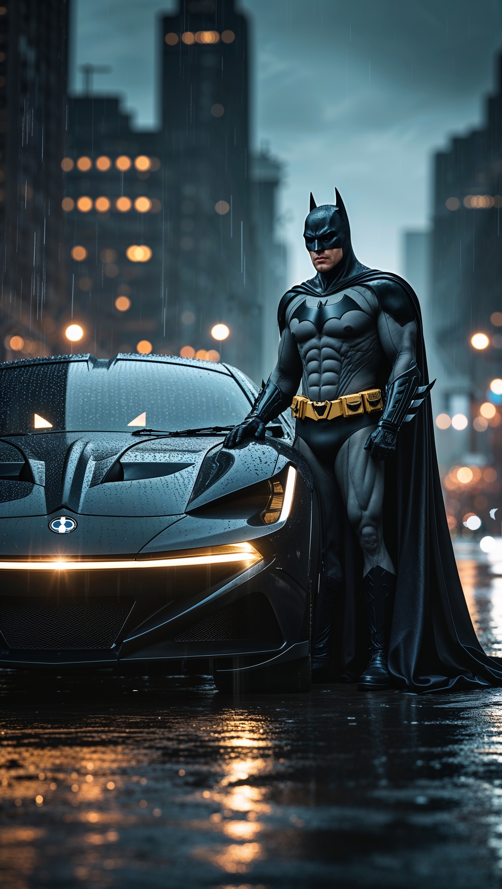 Batman with the Batmobile on a rainy night, 4K iPhone wallpaper