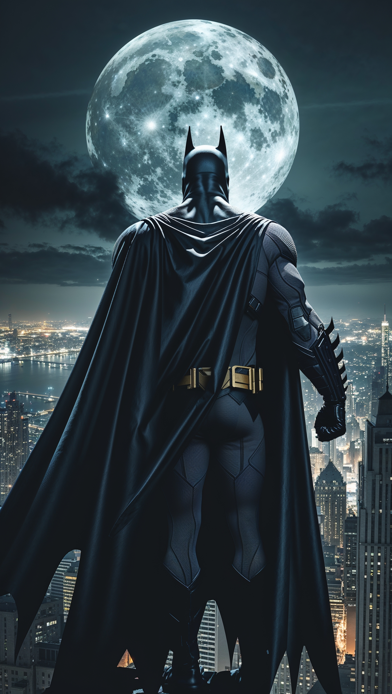 Back view of Batman standing on a tower edge, 4K iPhone wallpaper