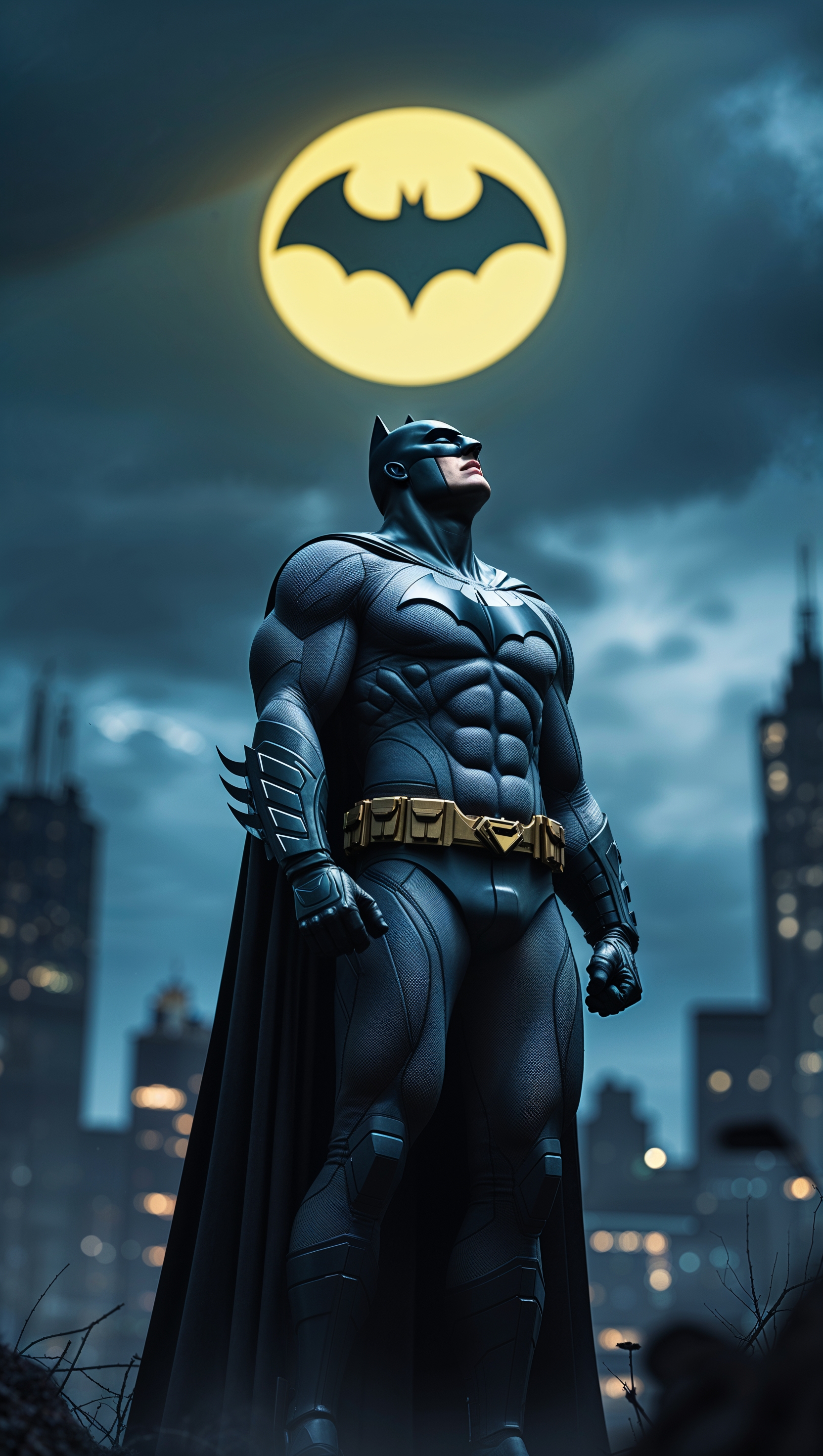 Batman next to the Bat-Signal in the sky, 4K iPhone wallpaper