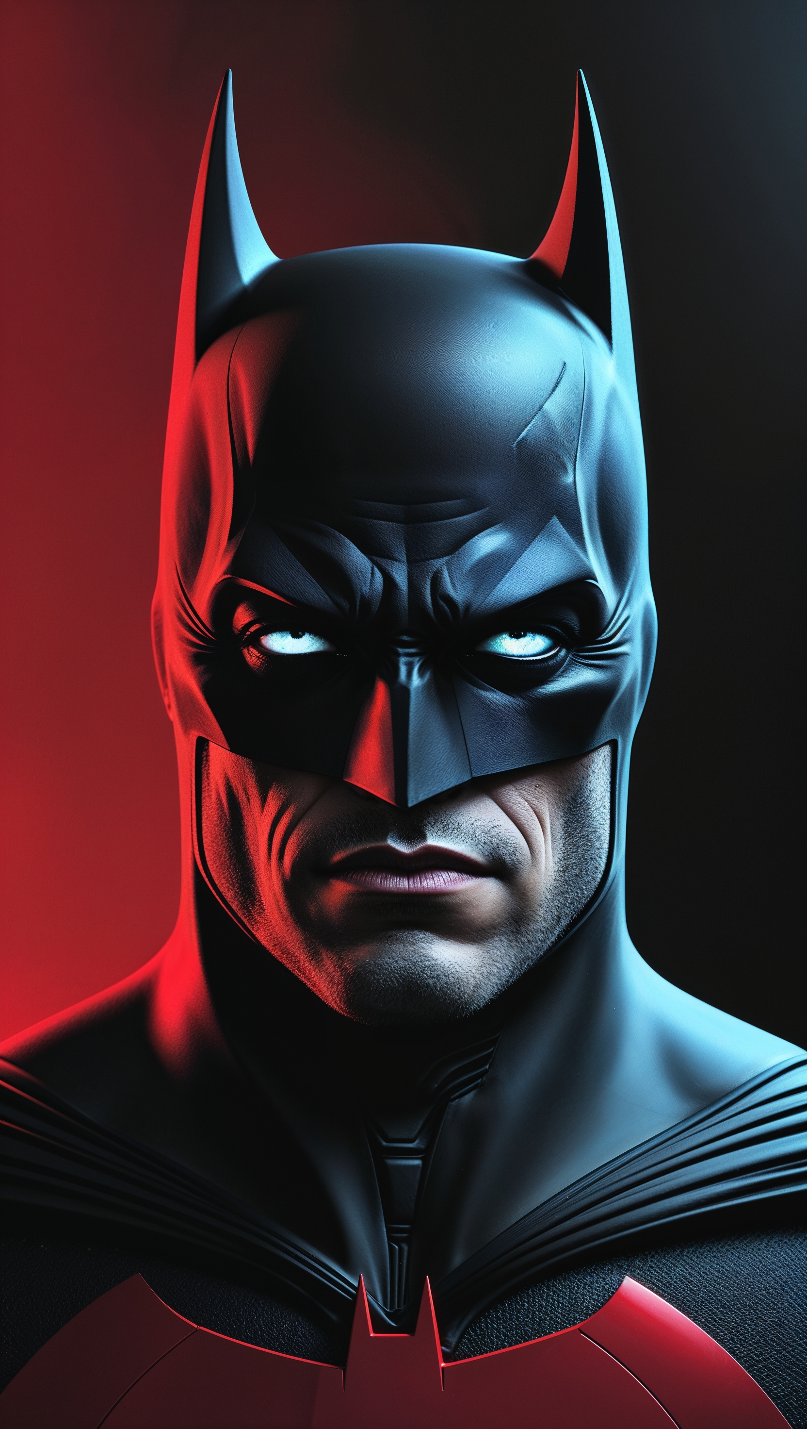 Artistic portrait of Batman with red and black background, 4K iPhone wallpaper