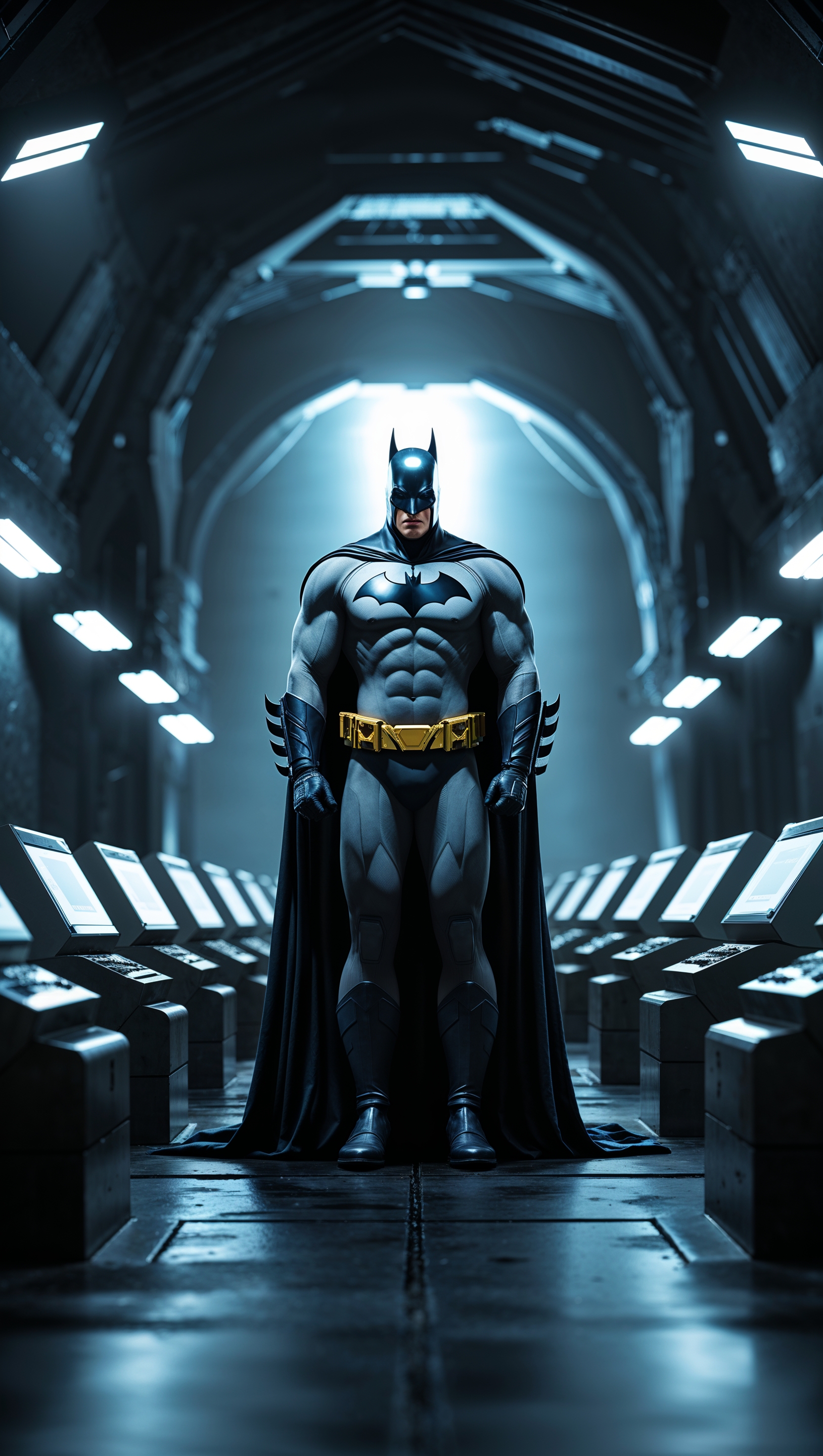 Batman in the Batcave with glowing blue lights, 4K iPhone wallpaper