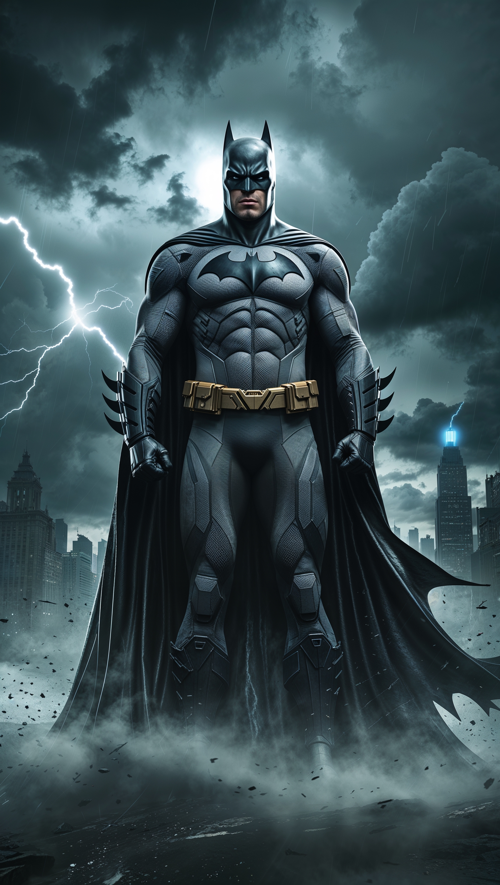 Batman in a storm with a black cape, 4K iPhone wallpaper