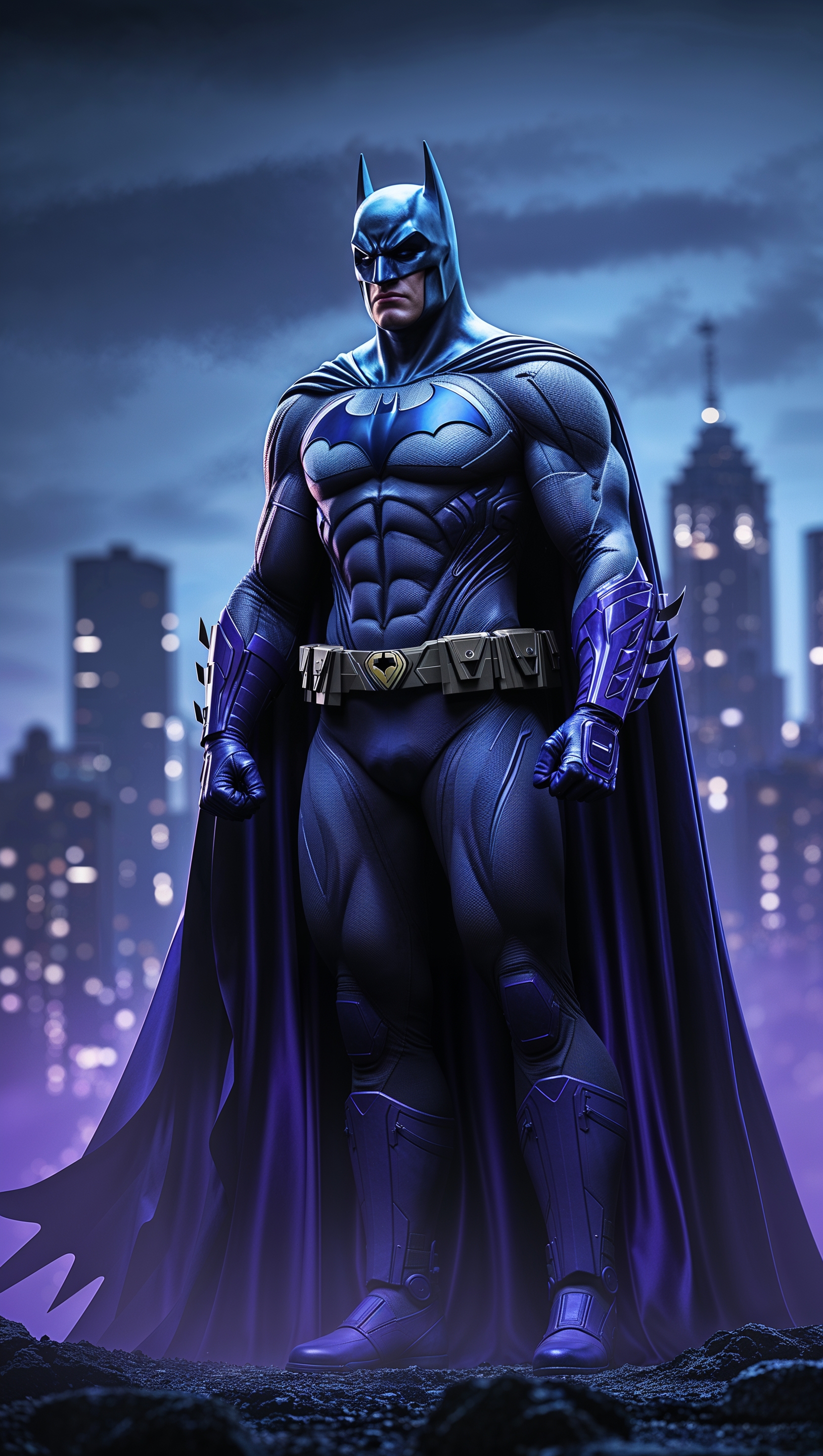 Batman at night with purple and blue color scheme, 4K iPhone wallpaper
