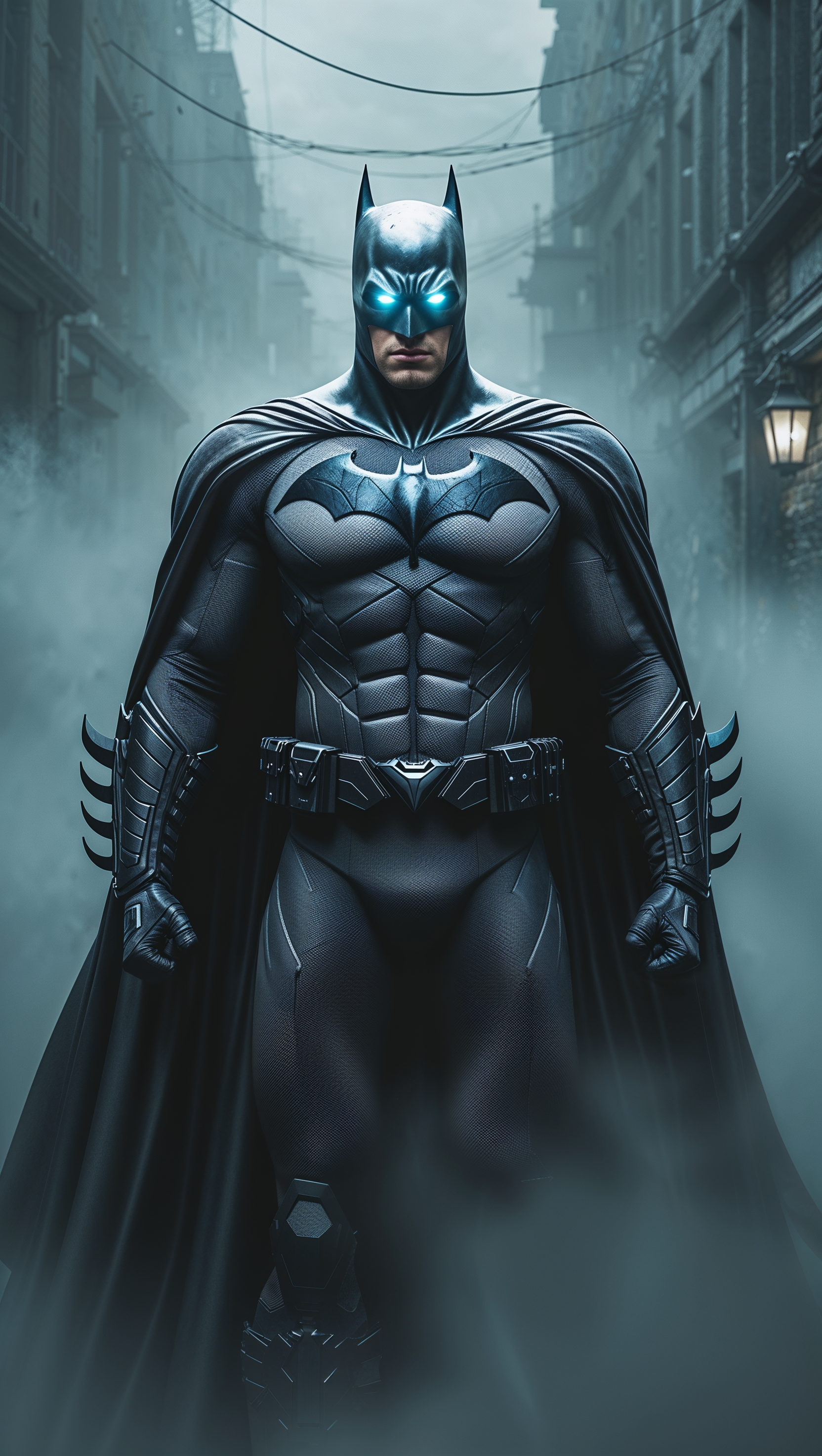 Batman with glowing eyes, foggy background, 4K iPhone wallpaper