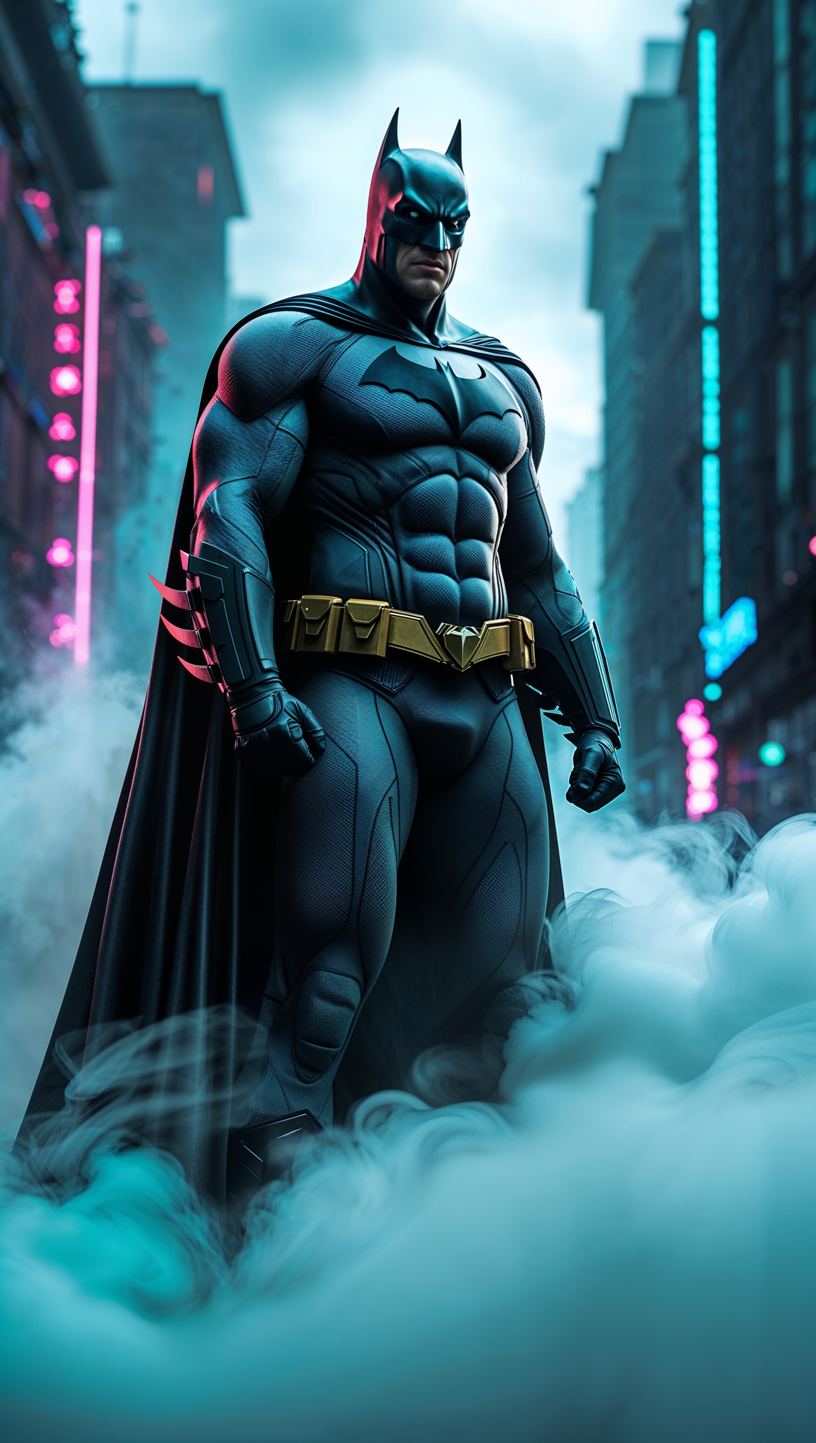 Batman surrounded by smoke and neon lights, 4K iPhone wallpaper