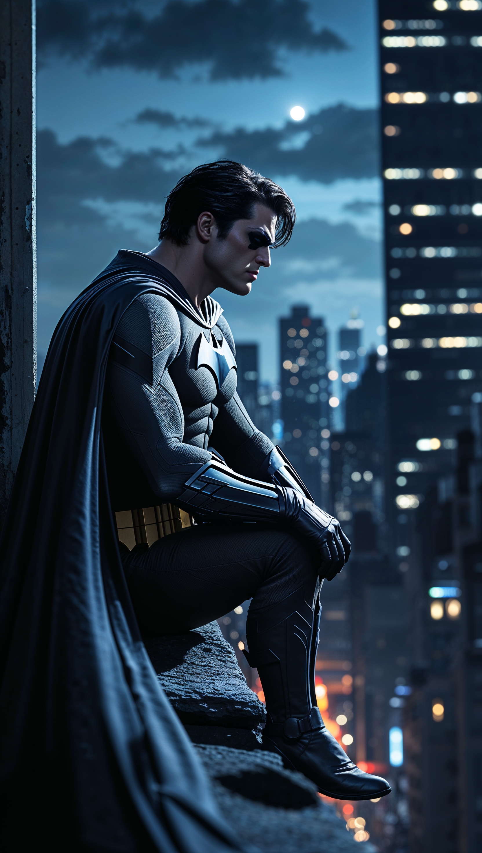 Batman calmly sitting on a building edge, 4K iPhone wallpaper