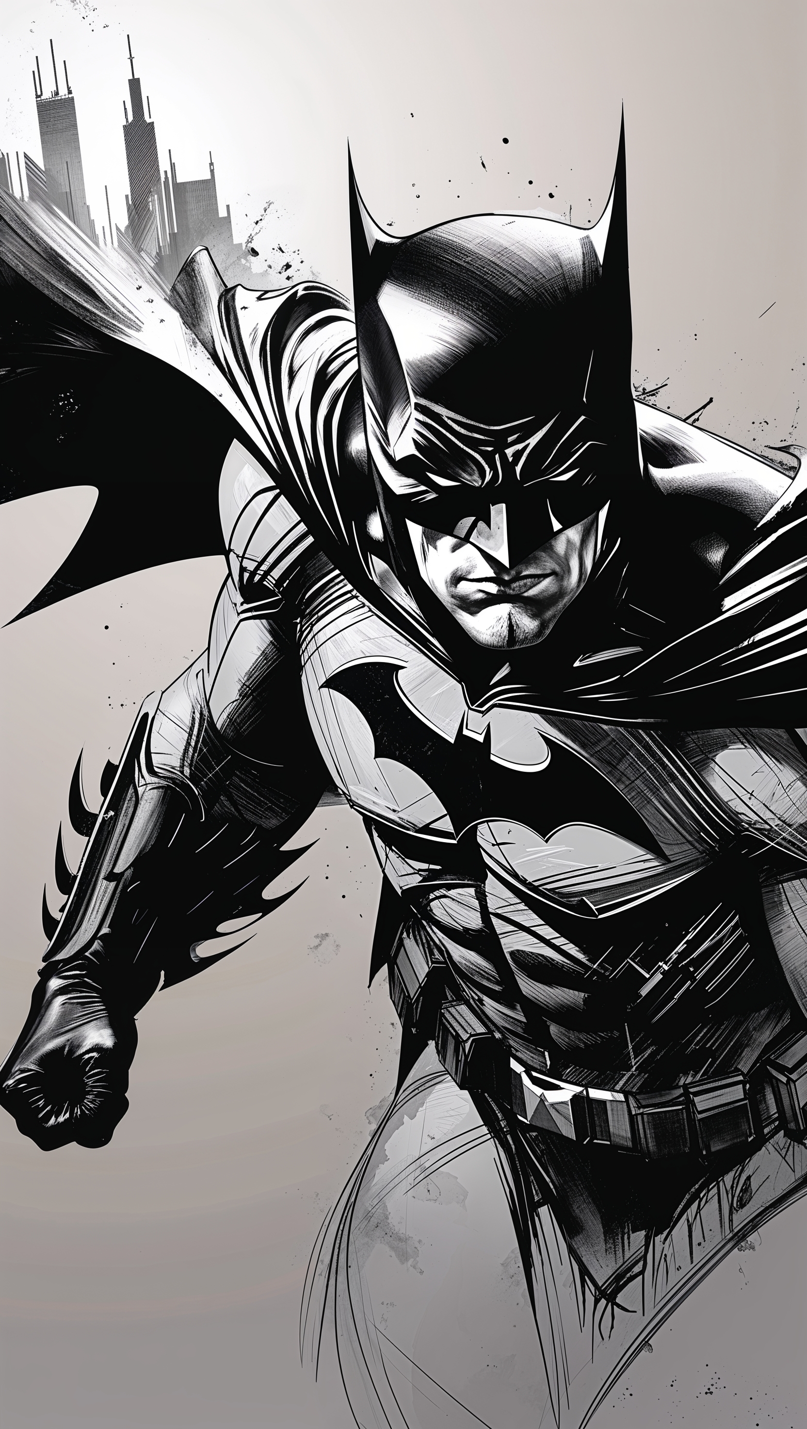 Artistic black and white sketch of Batman, 4K iPhone wallpaper