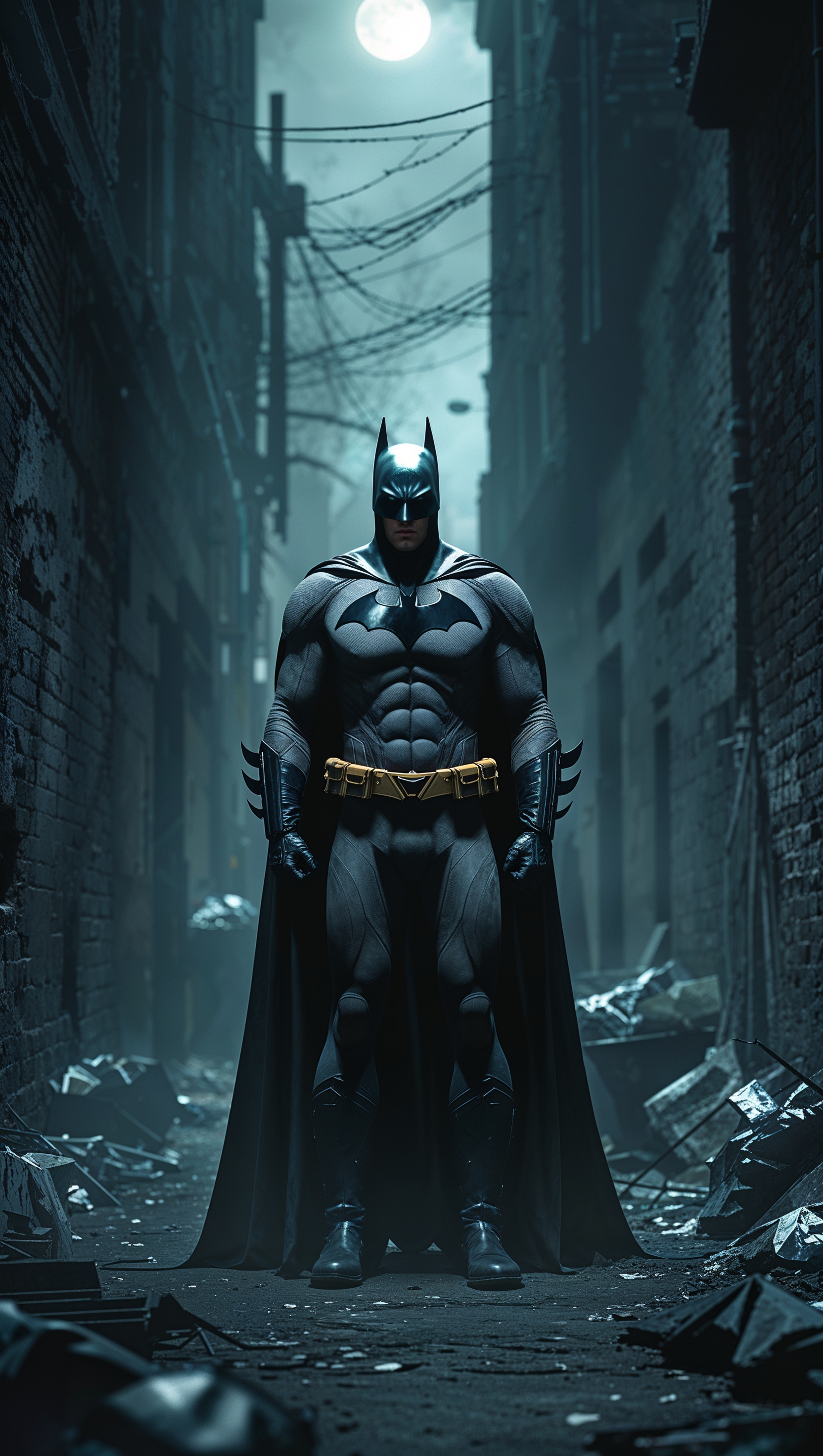 Cinematic shot of Batman in a dark alley, 4K iPhone wallpaper