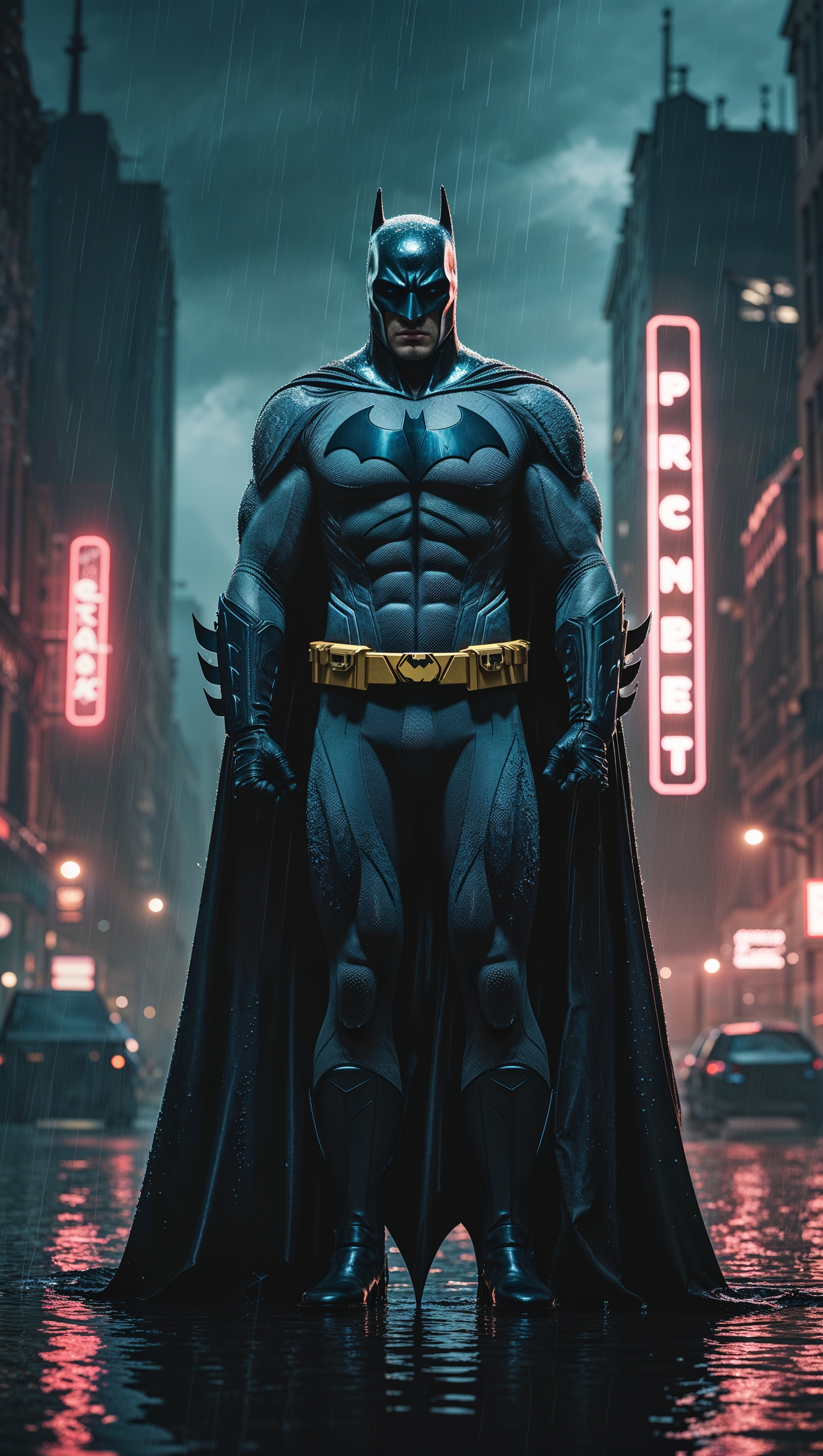 Lone Batman in the night rain, cinematic style, 4K iPhone wallpaper