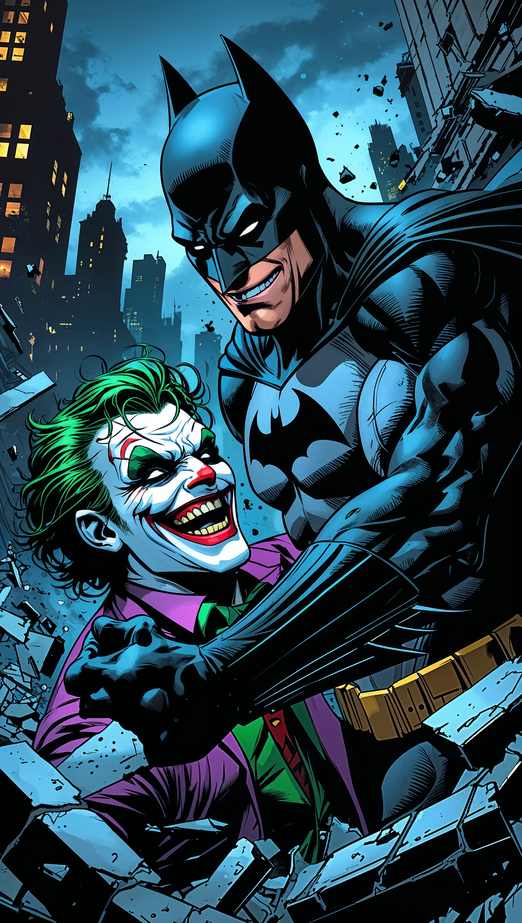 Batman fighting Joker, comic-style, 4K iPhone wallpaper