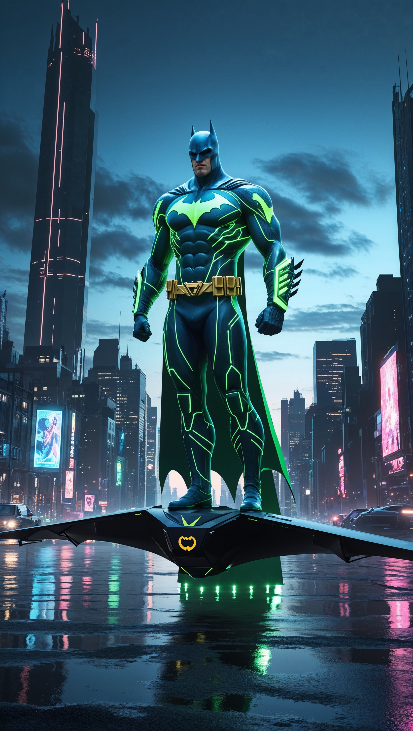 Neon Batman in a futuristic Gotham, 4K iPhone wallpaper