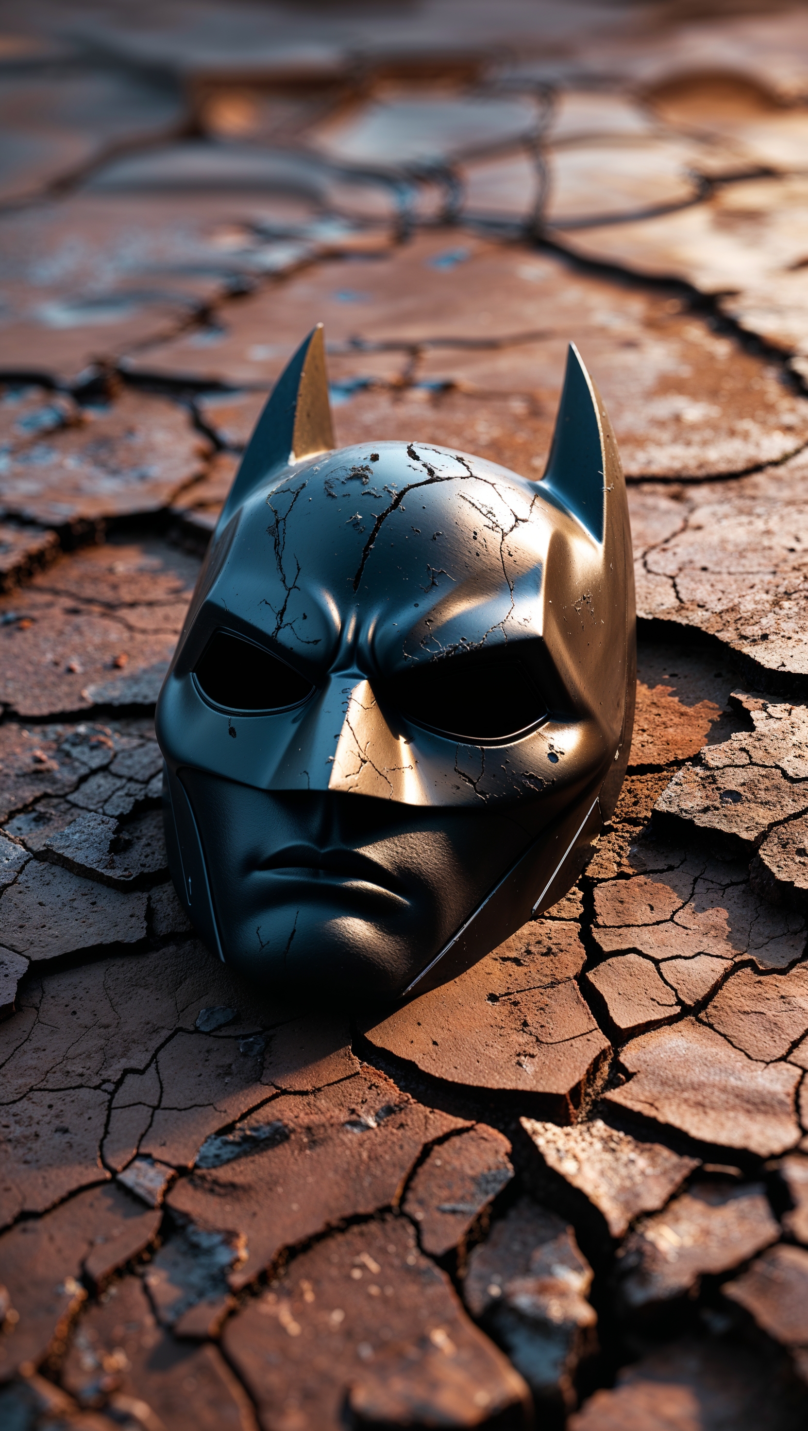 Batman’s mask on cracked ground, dramatic angle, 4K iPhone wallpaper
