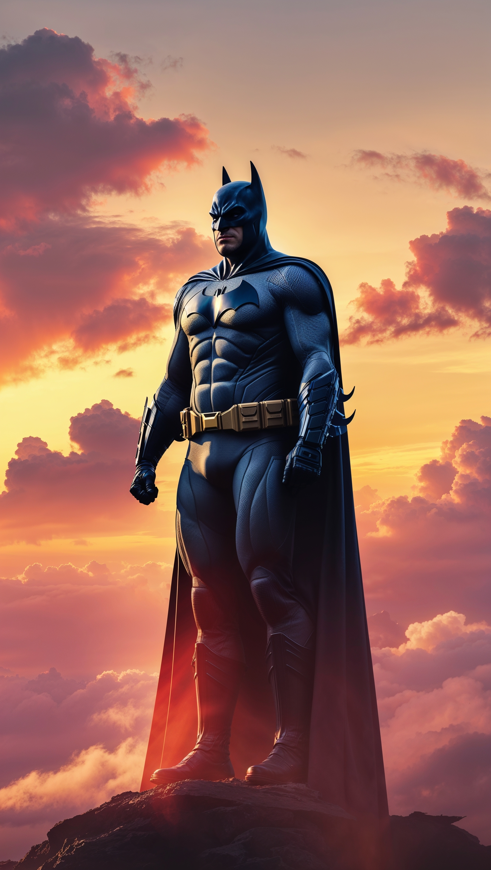 Batman silhouette against a dramatic sunset, 4K iPhone wallpaper