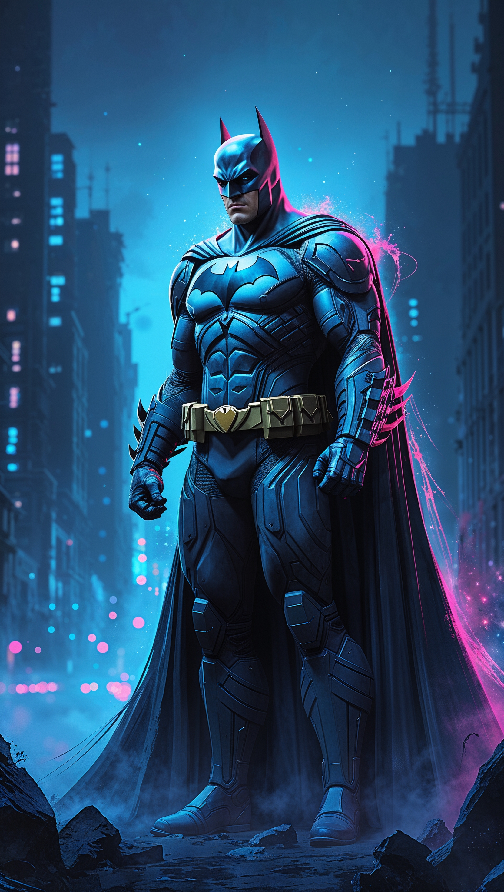 Batman with neon light effects, fantasy style, 4K iPhone wallpaper