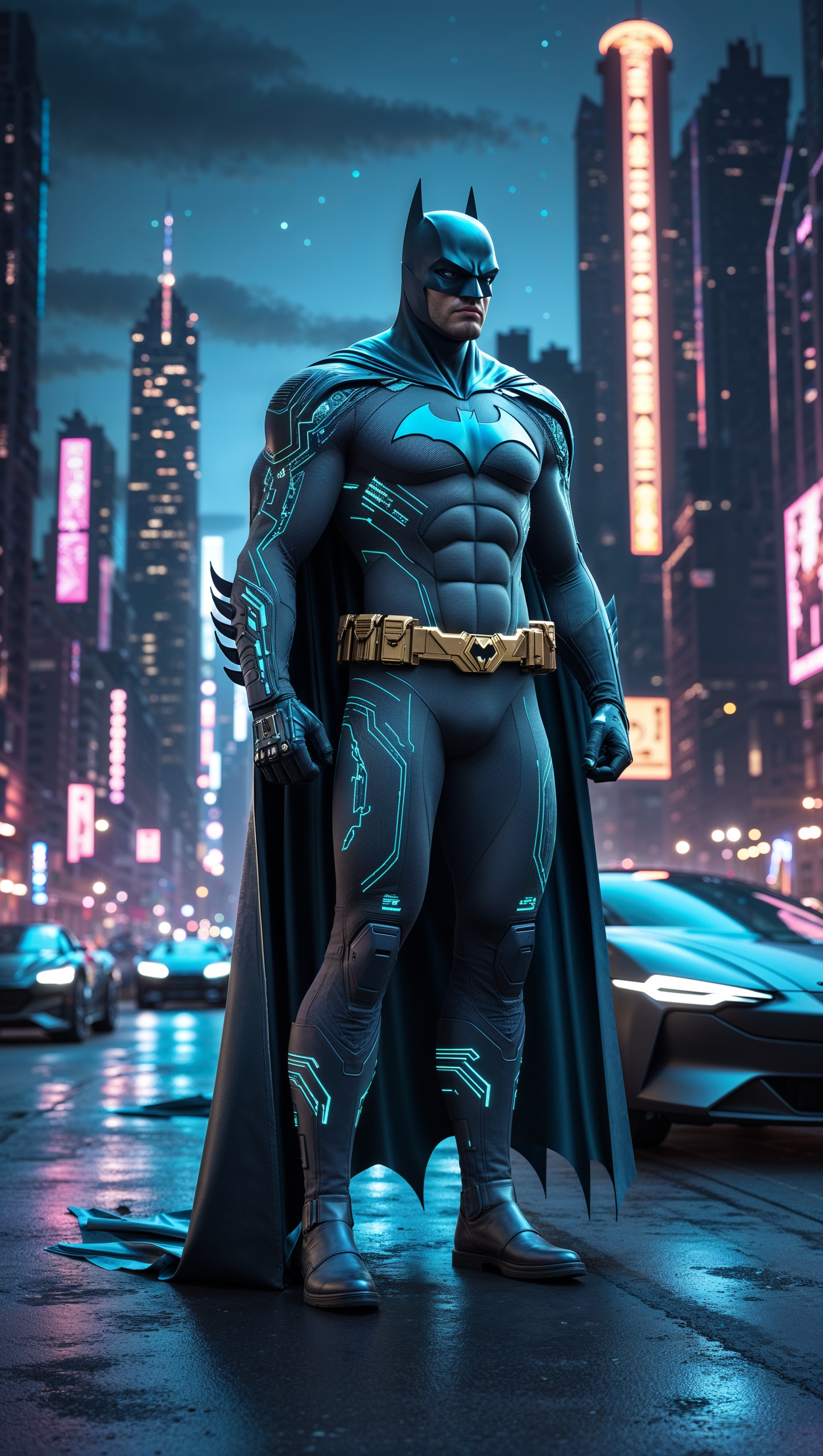 Futuristic Batman in a cyberpunk Gotham with a high-tech suit, 4K iPhone wallpaper