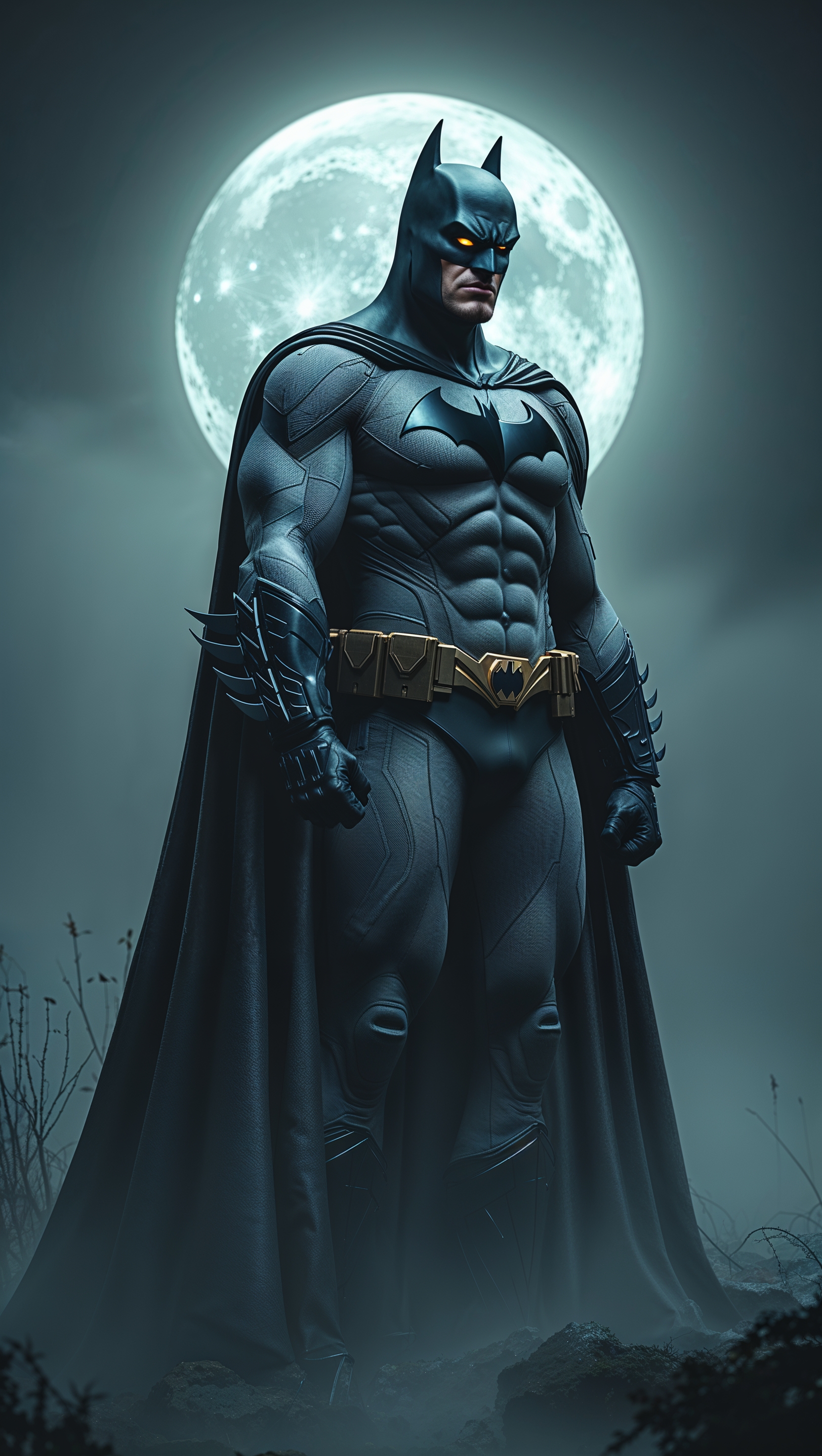 Batman in the night fog with moonlight behind him, 4K iPhone wallpaper