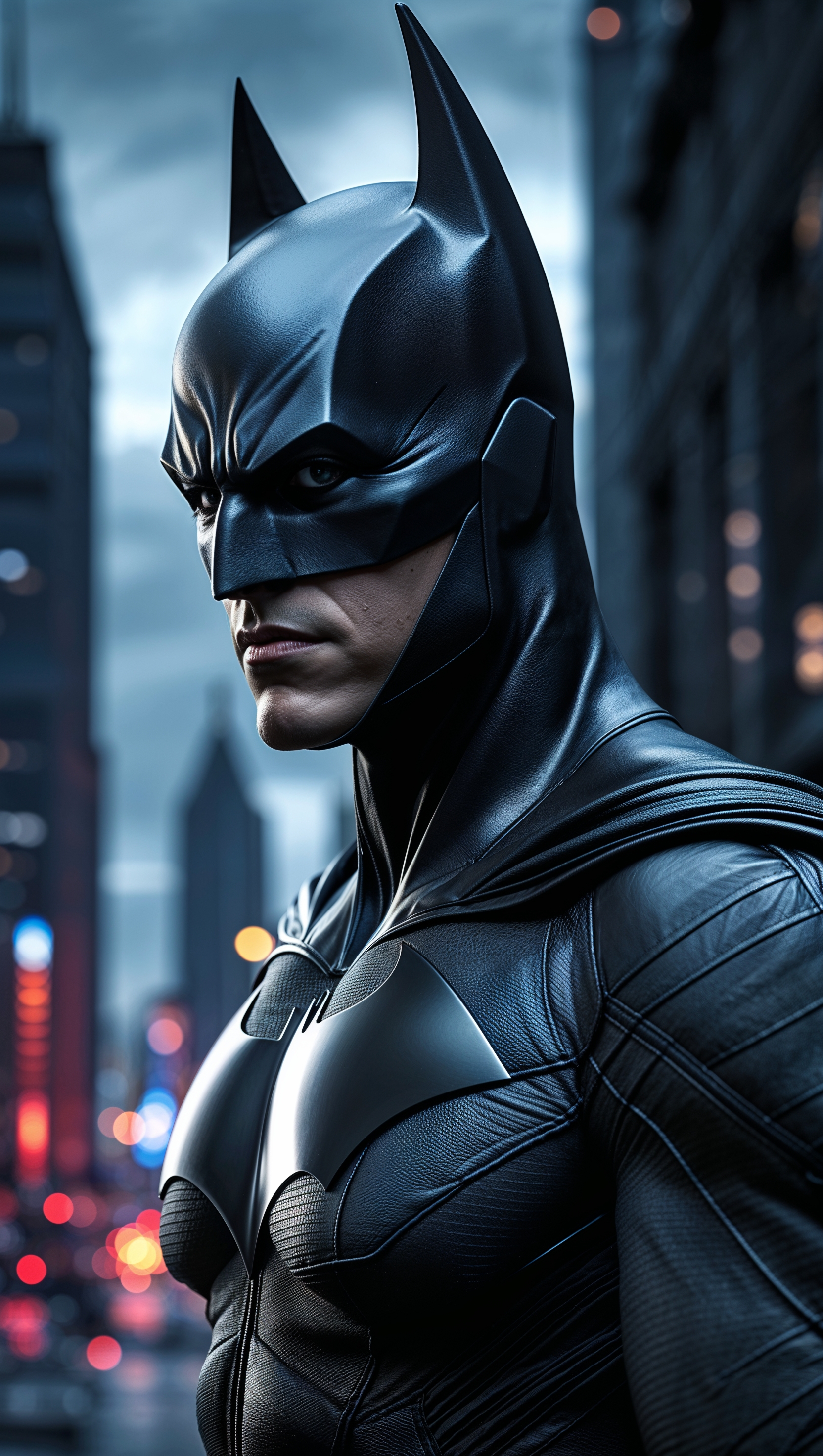 Batman with a leather suit and shiny mask, 4K iPhone wallpaper