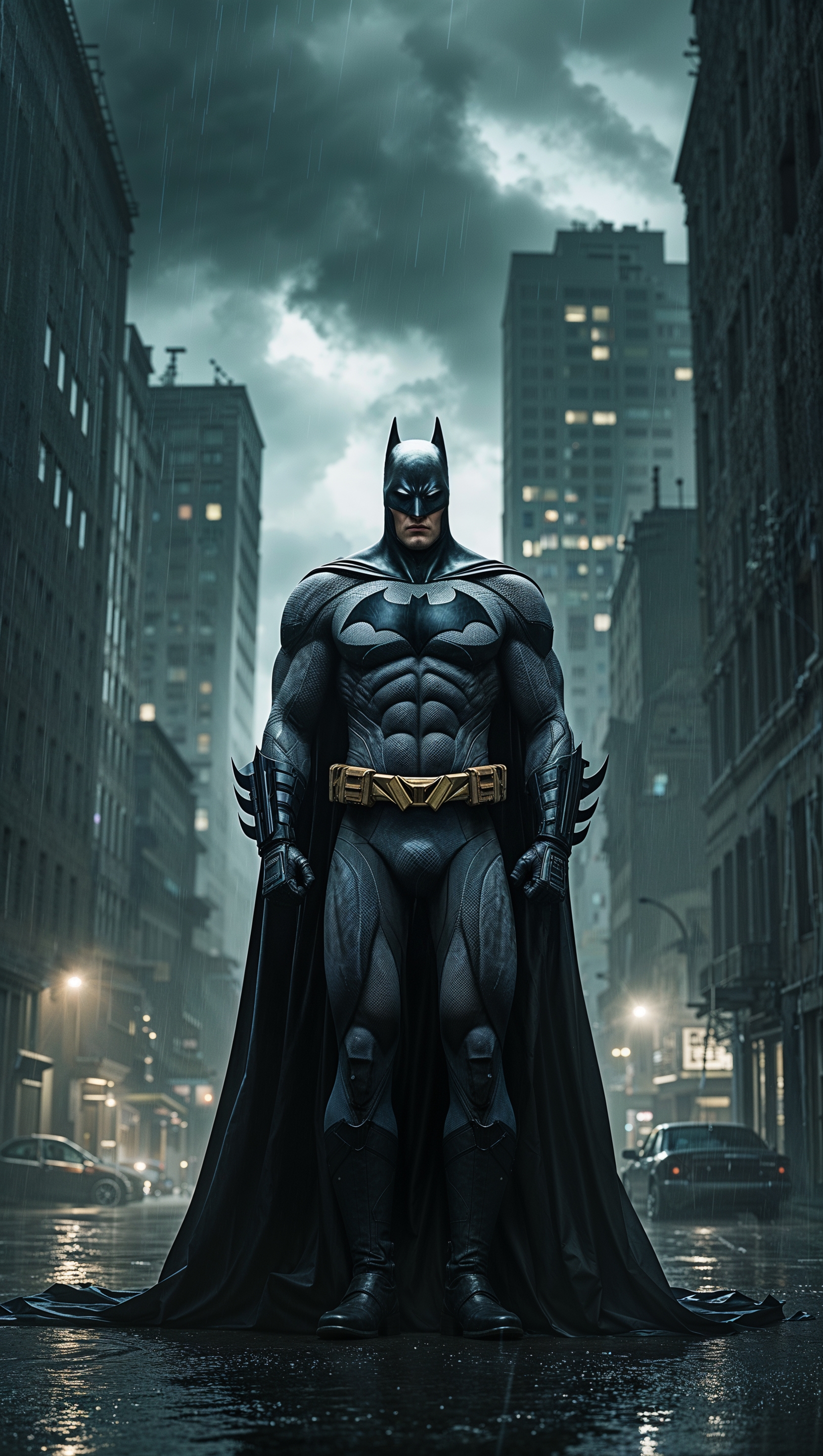 Batman in the rain, cape flowing in the wind, dark Gotham, 4K iPhone wallpaper