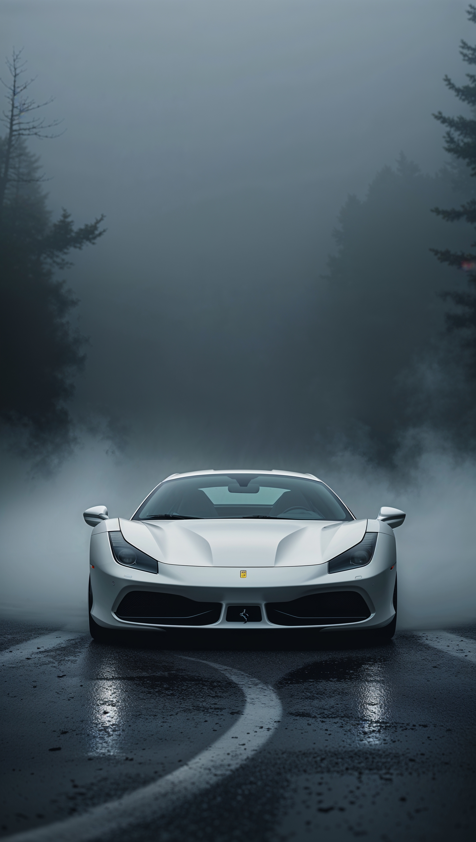 iPhone wallpaper with a white Ferrari on a dark, foggy background