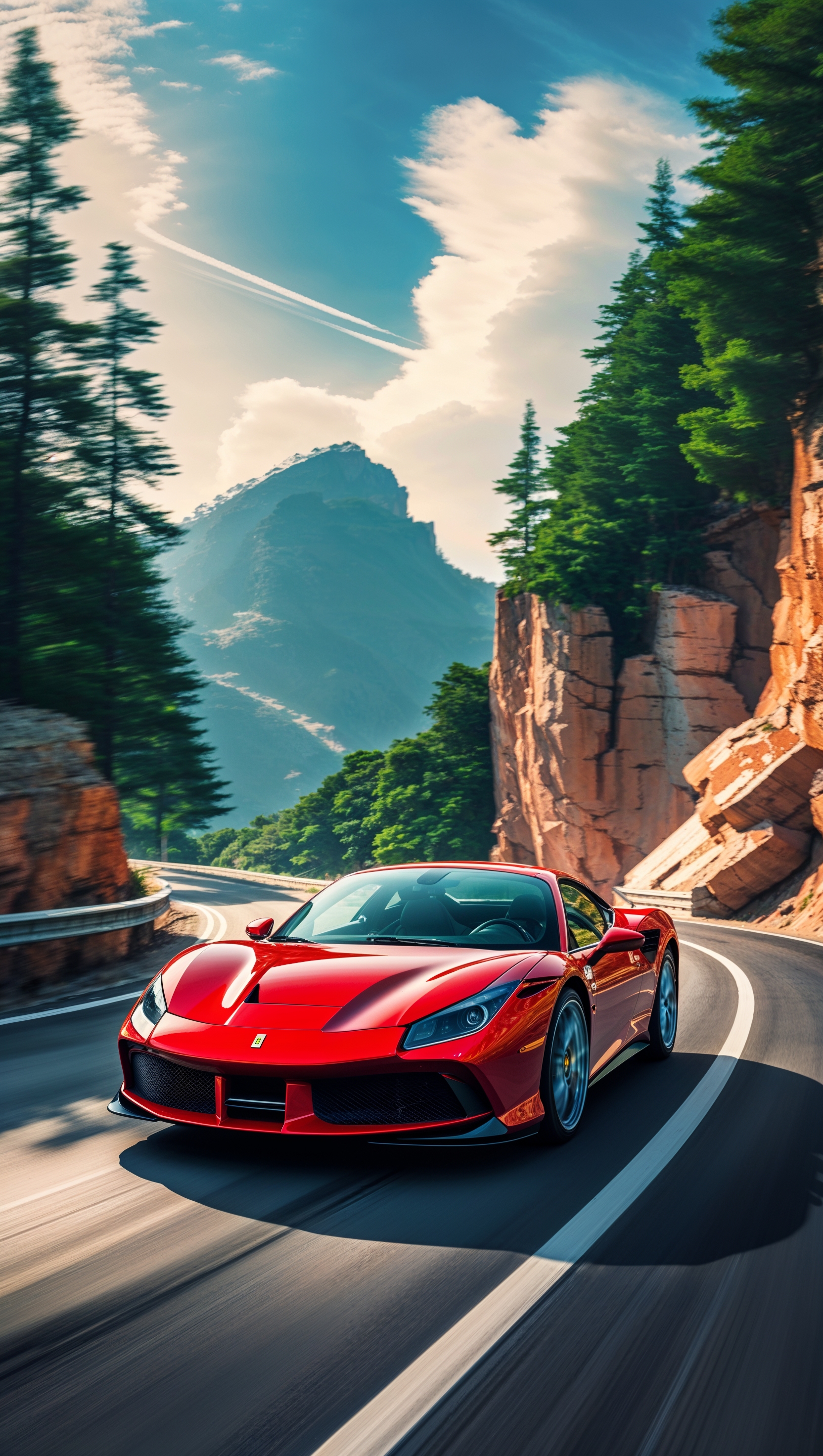 iPhone wallpaper with a red Ferrari speeding on the road