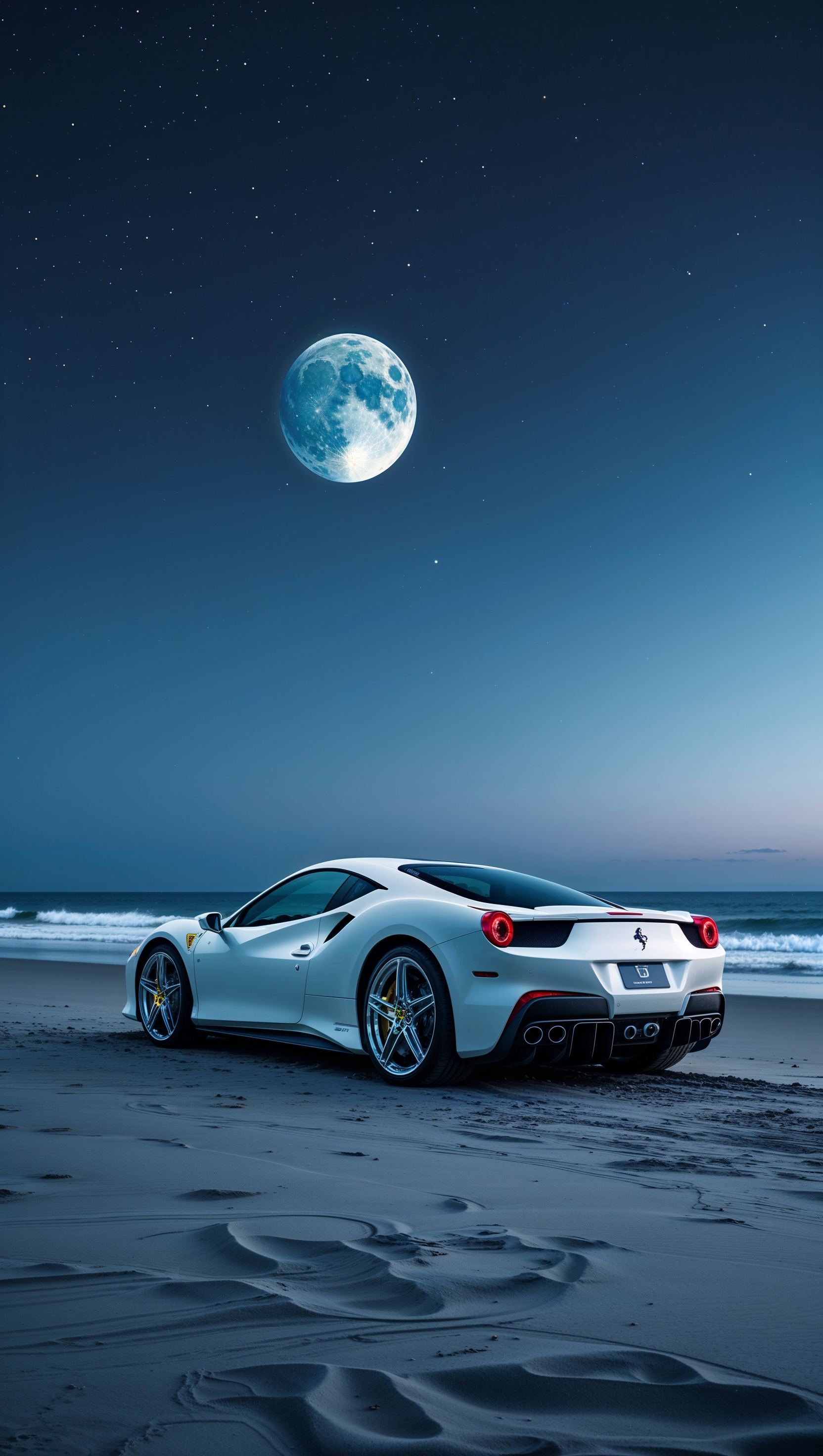 iPhone wallpaper with white Ferrari under moonlight
