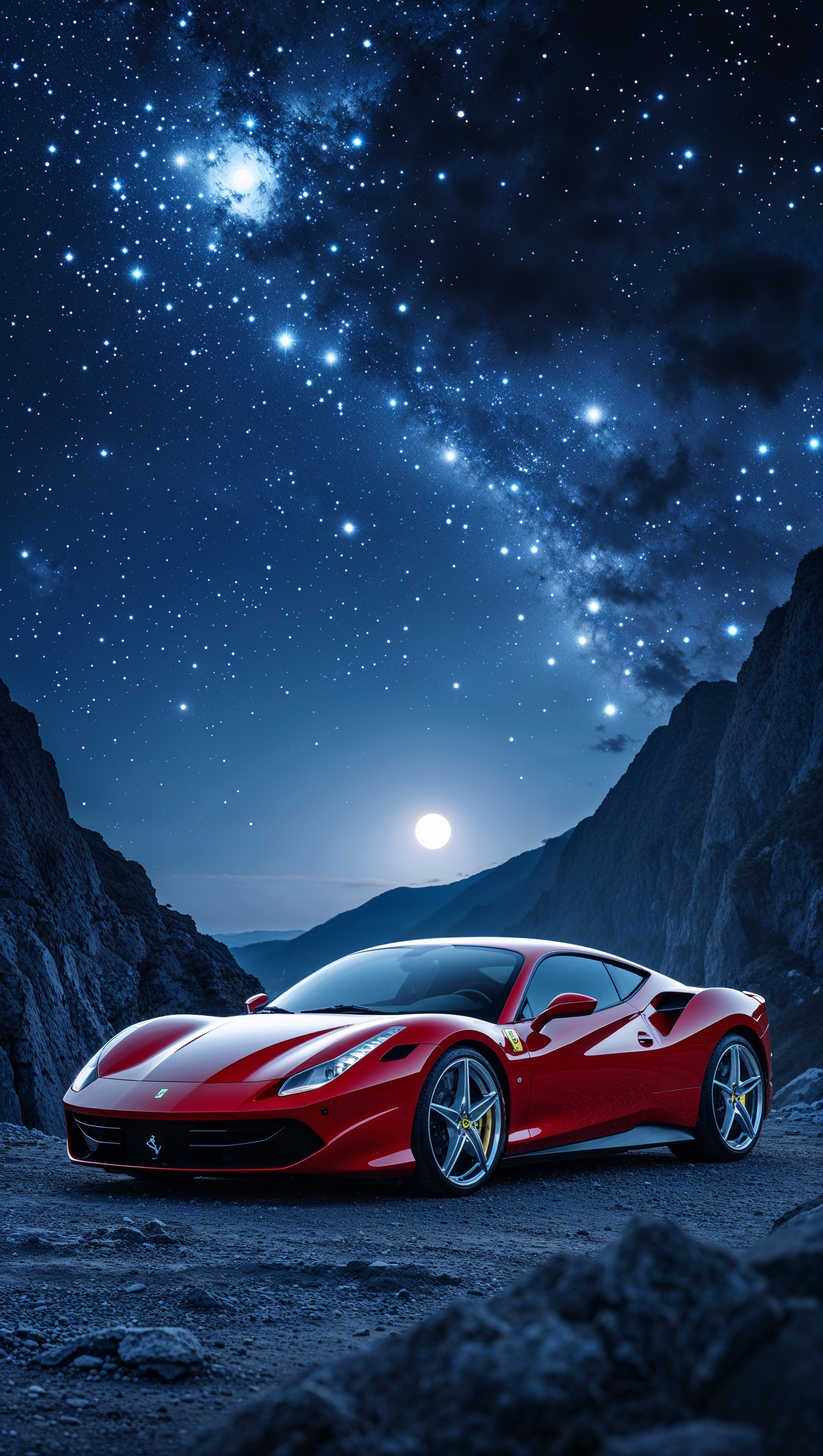iPhone wallpaper with Ferrari car under a starry night sky
