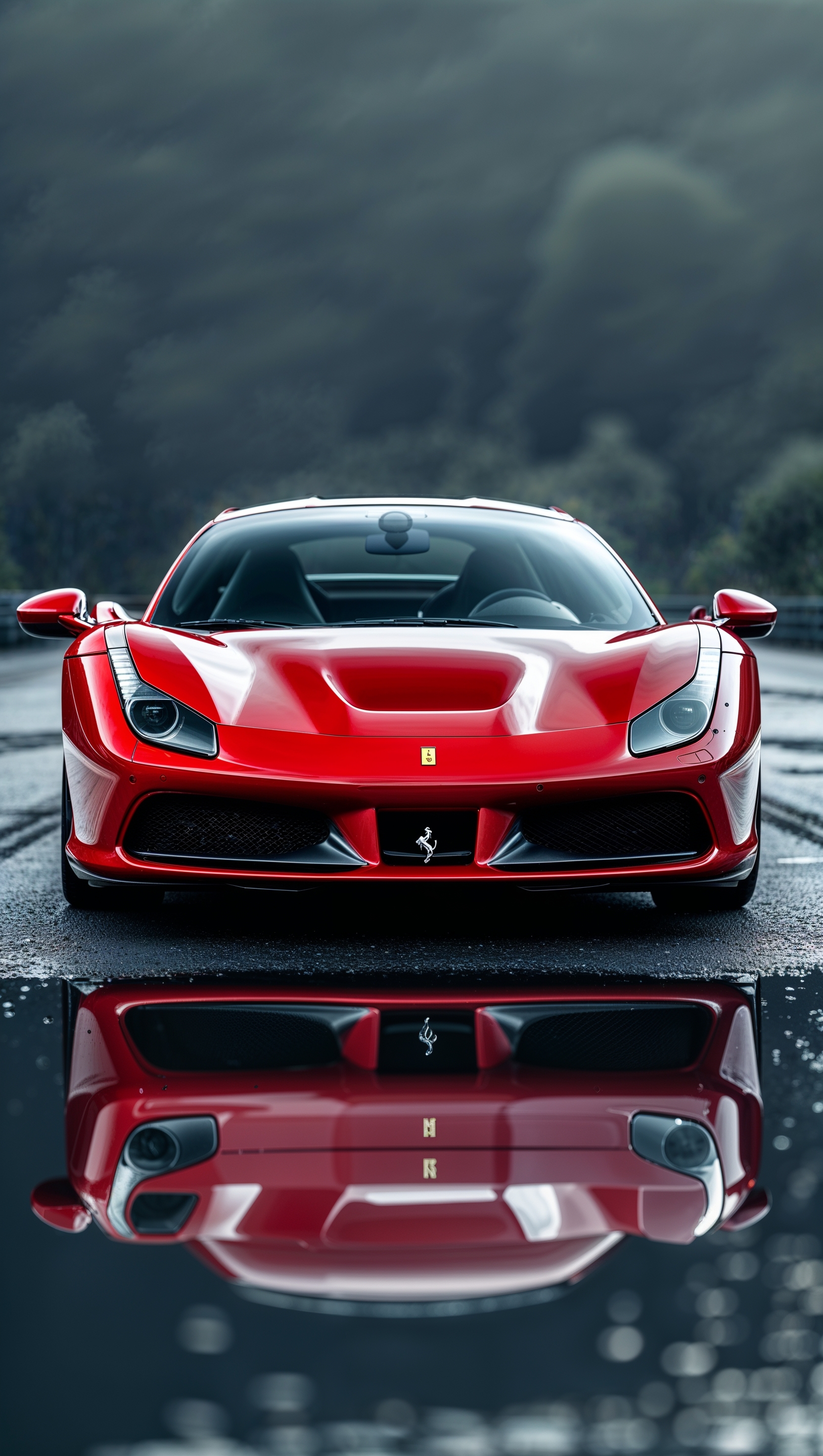 iPhone wallpaper with red Ferrari and water reflection on road