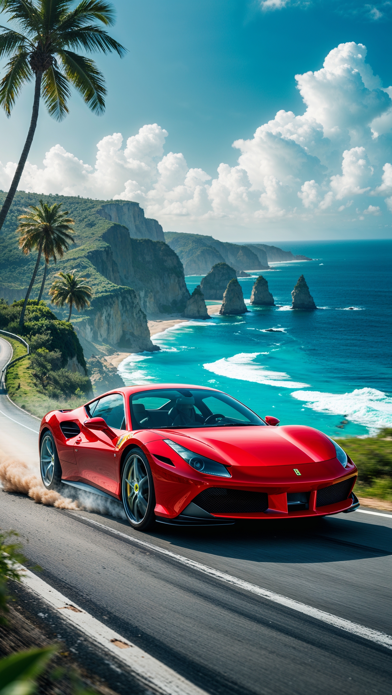 iPhone wallpaper with Ferrari driving on a beautiful coastal road