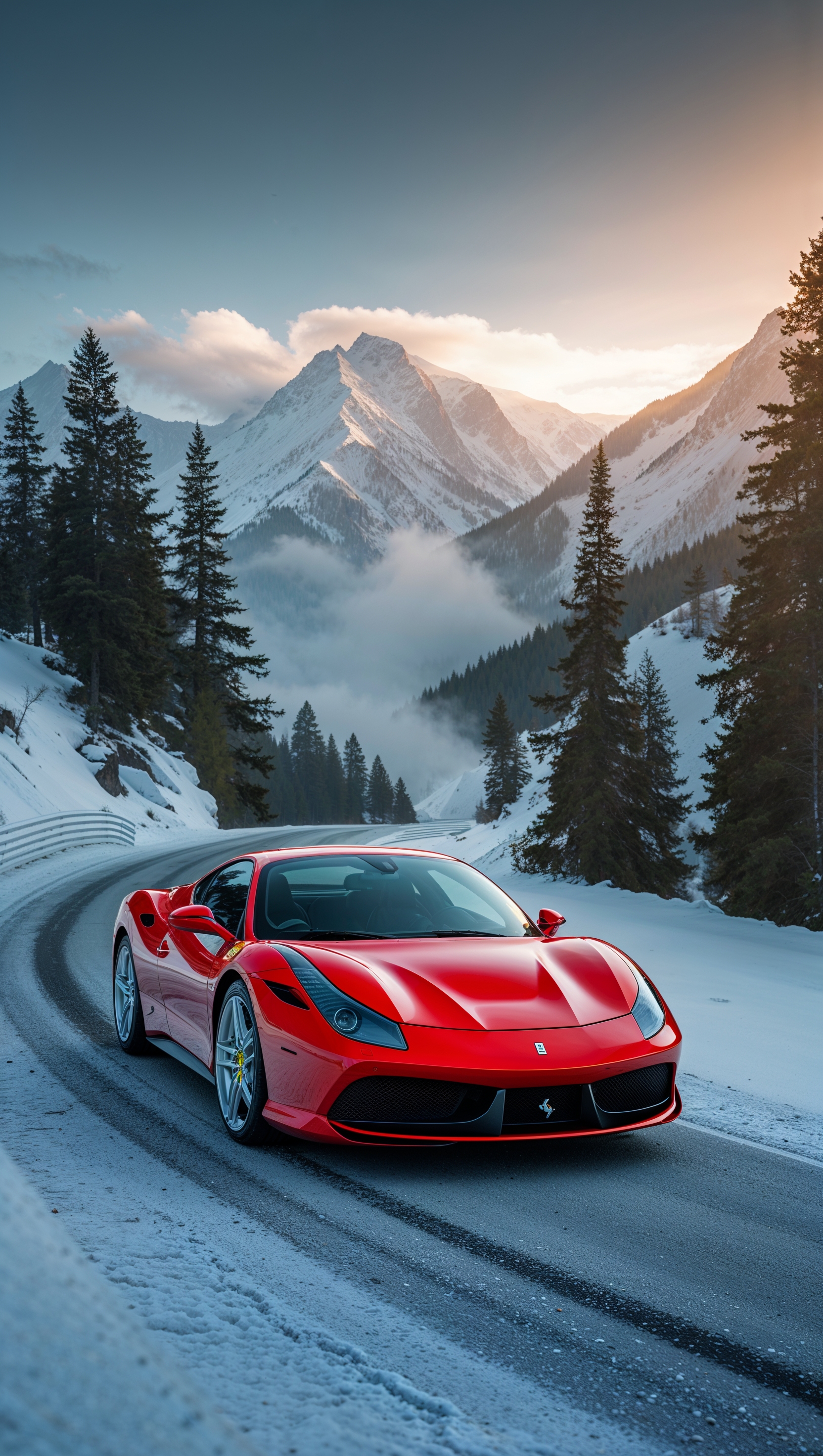 iPhone wallpaper with red sports Ferrari in snowy winter scene