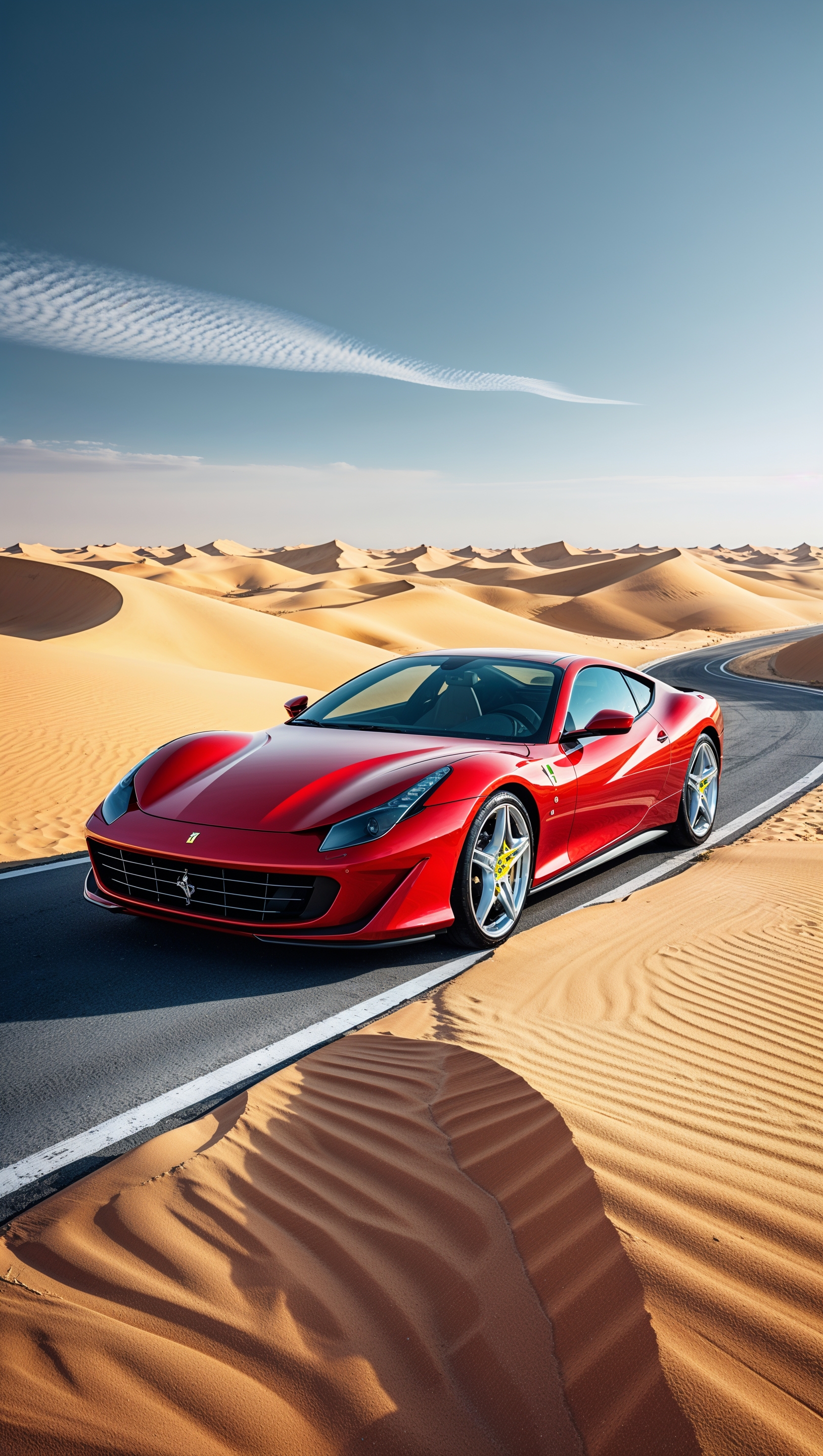 iPhone wallpaper with Ferrari beside desert road
