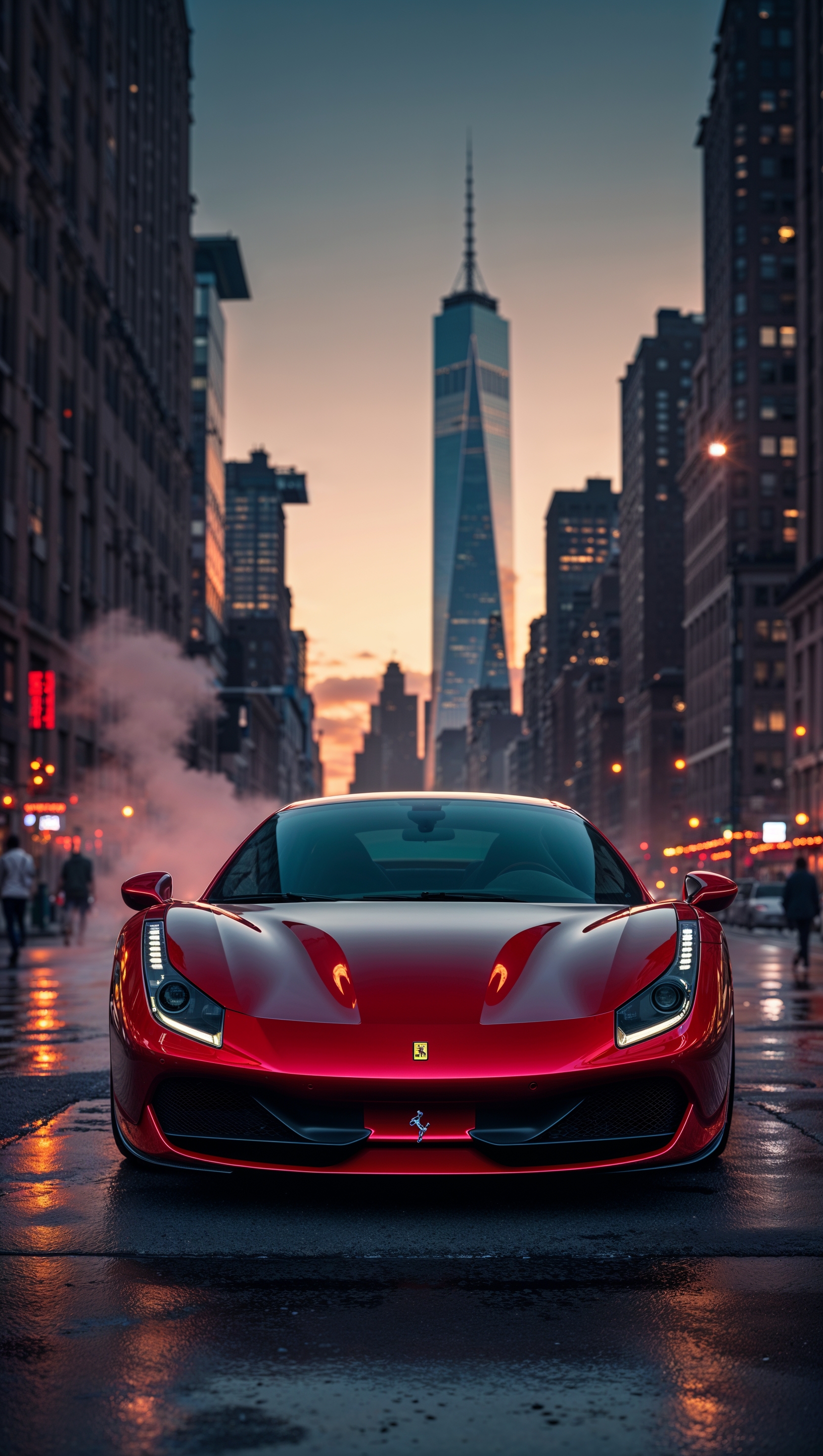 iPhone wallpaper with red Ferrari and New York City background