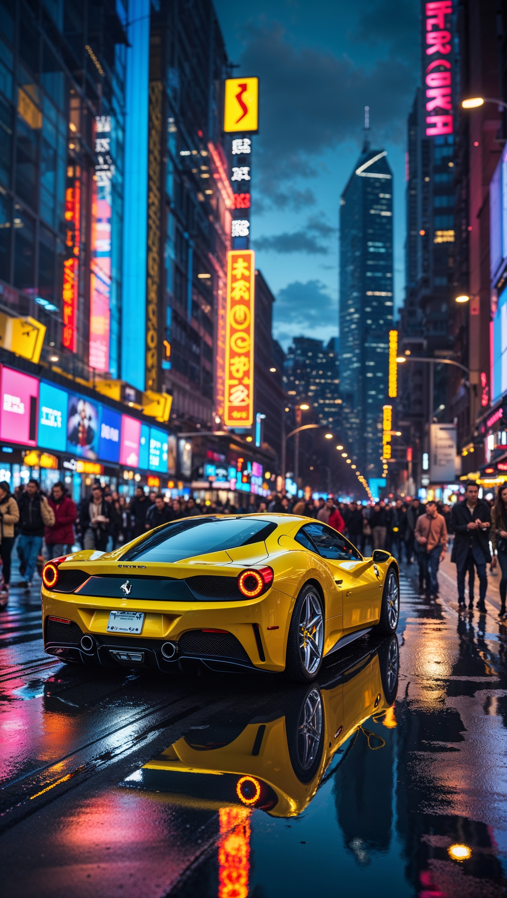 iPhone wallpaper with yellow Ferrari in a busy city street