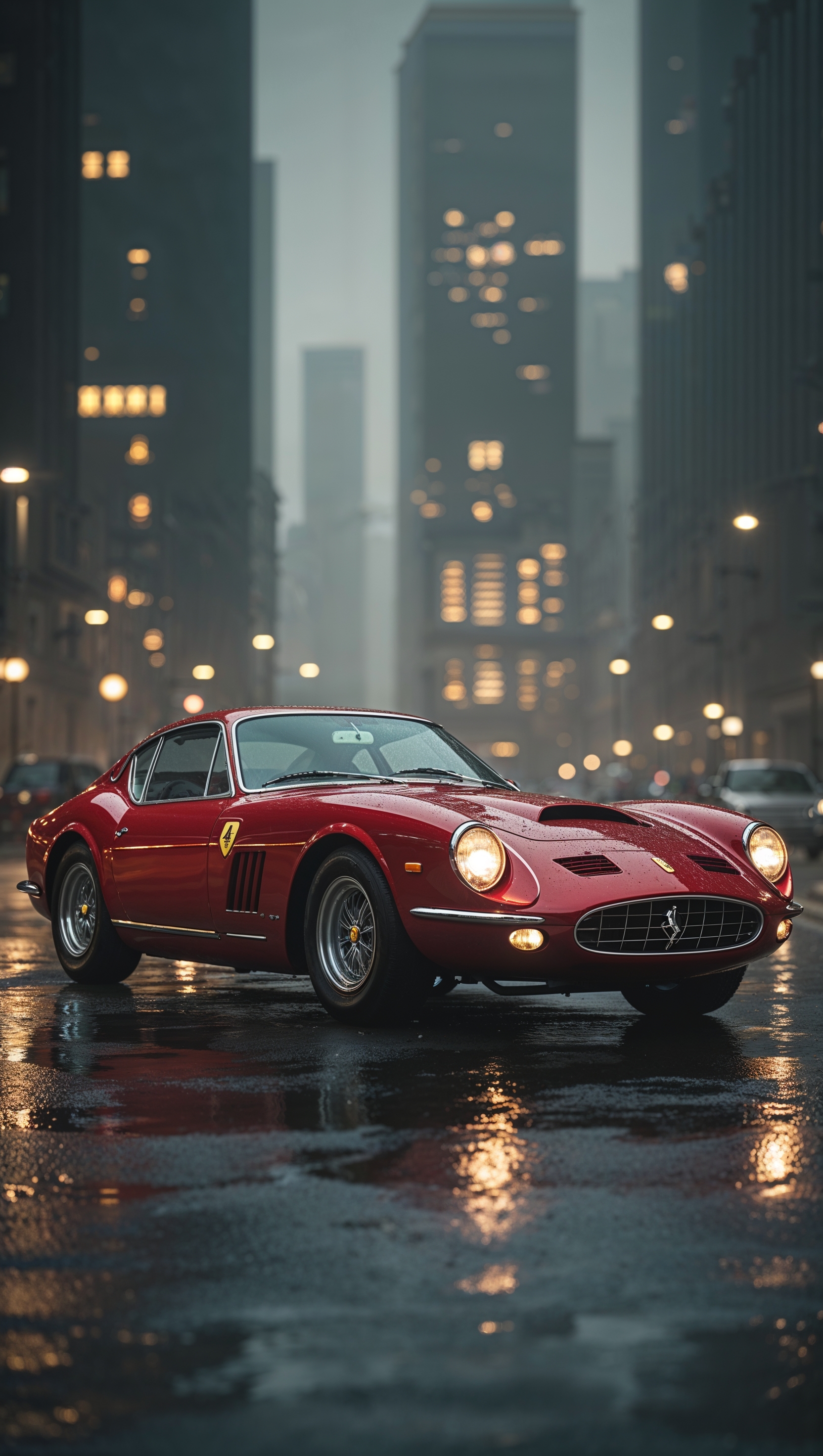 iPhone wallpaper with classic Ferrari on rainy streets