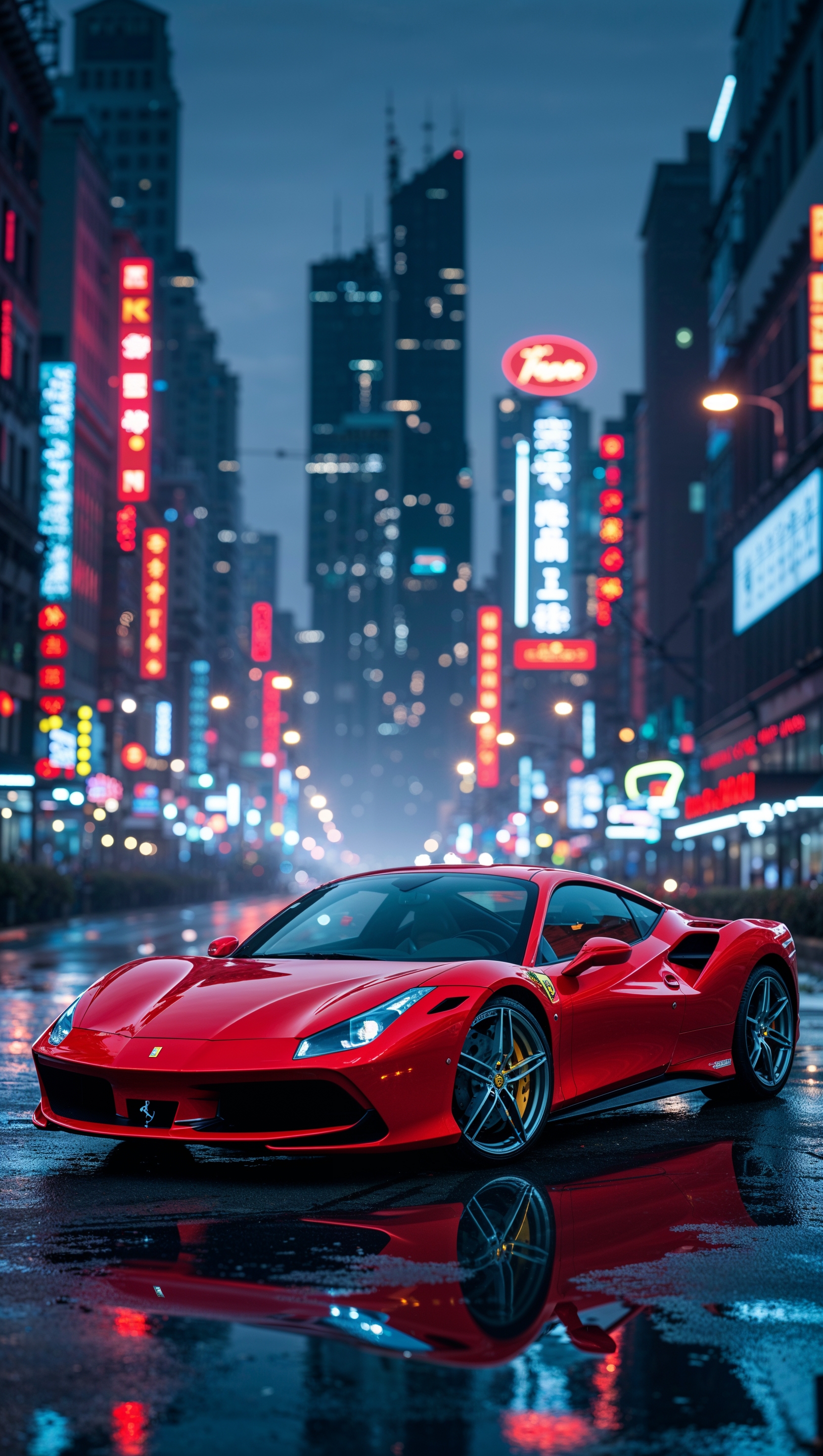 iPhone wallpaper with Ferrari at night with city lights
