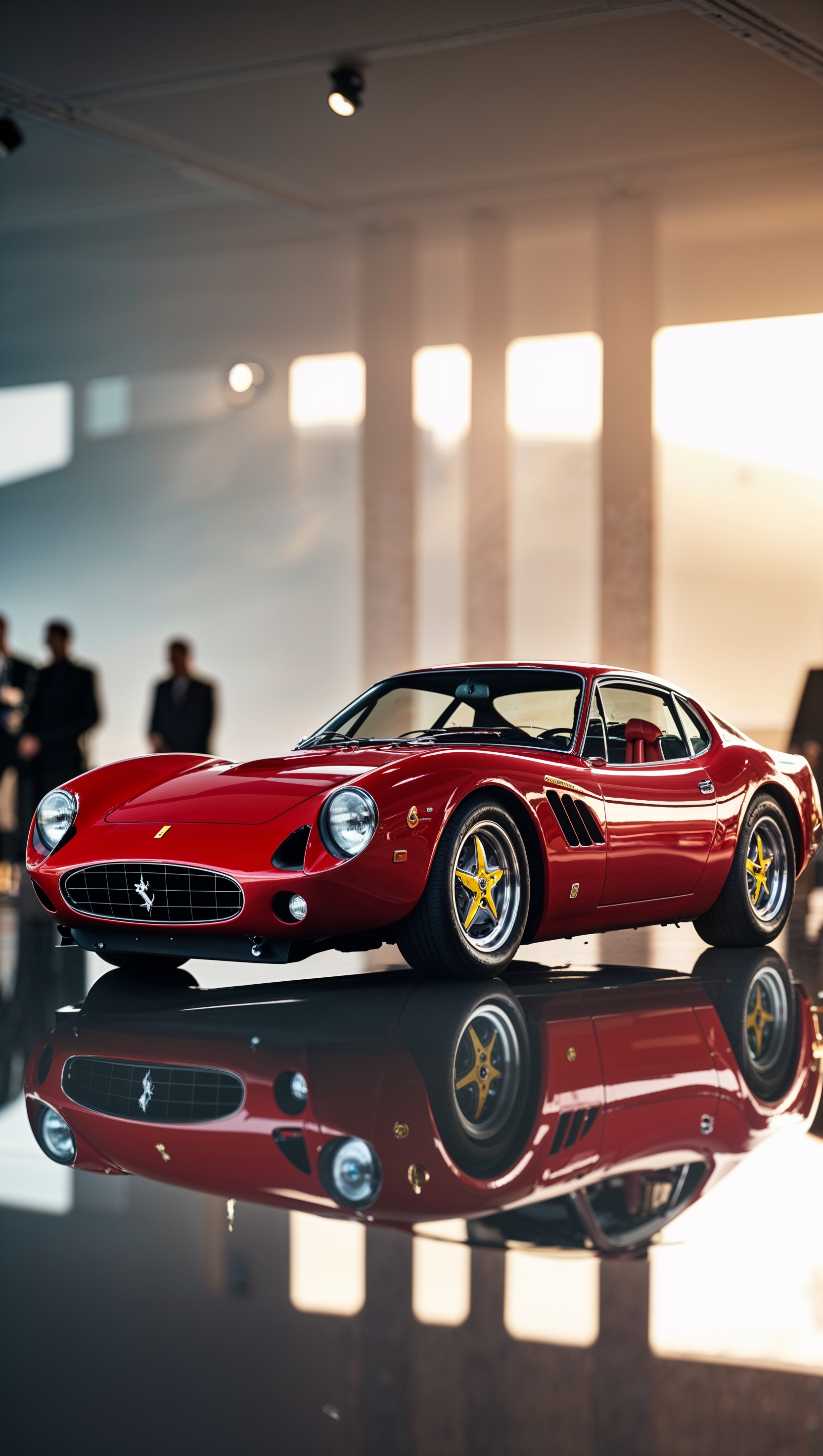 iPhone wallpaper with classic Ferrari at car exhibition