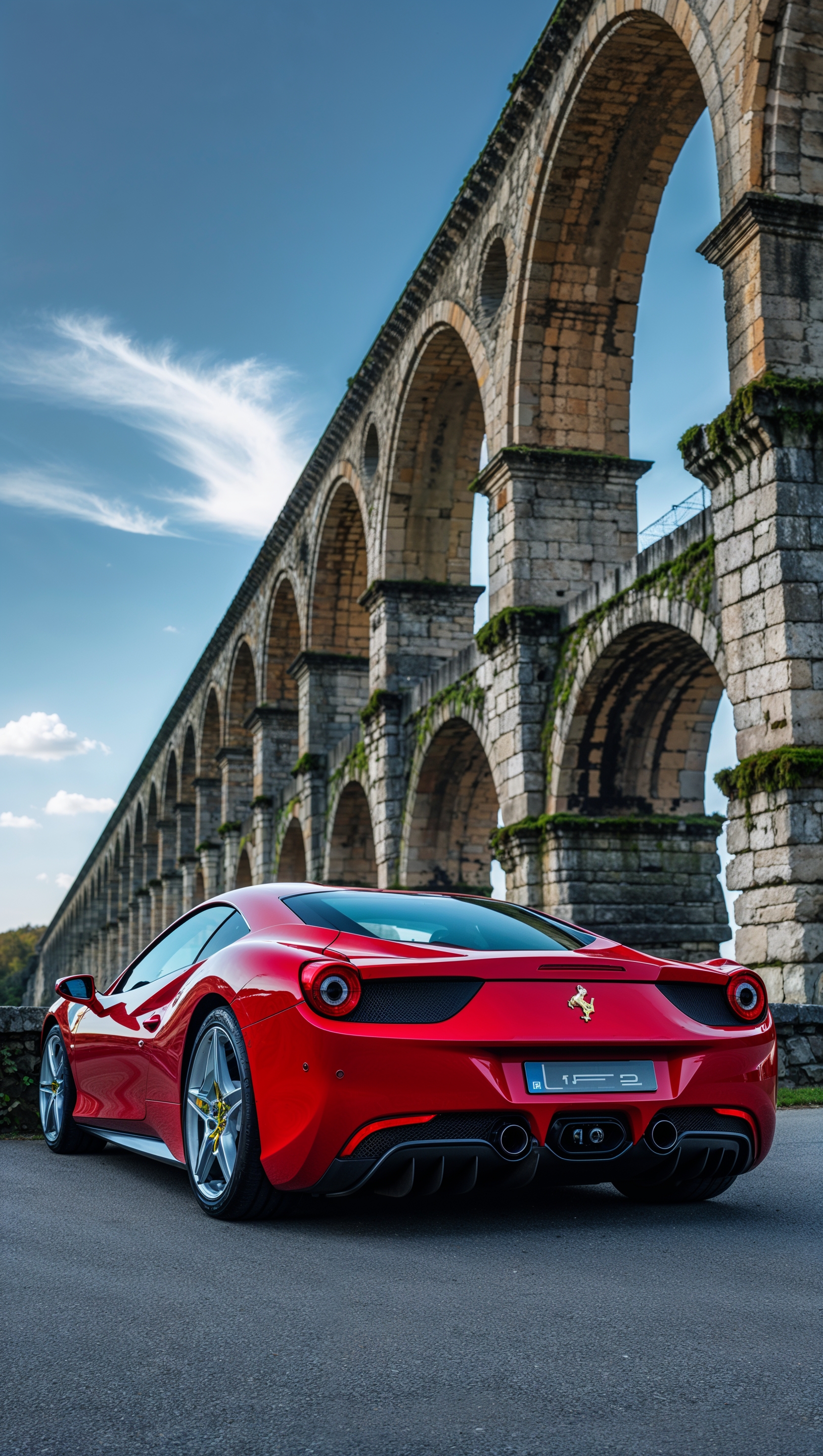 iPhone wallpaper with red Ferrari near famous bridge