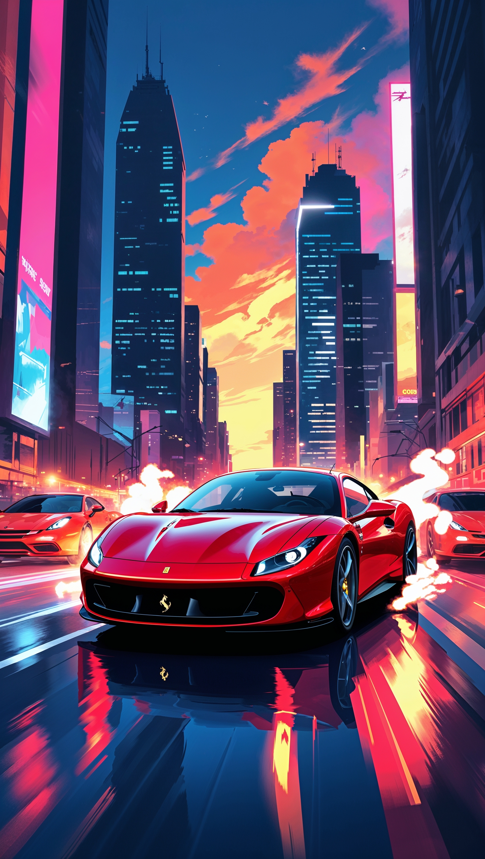iPhone wallpaper with sports Ferrari in street race scene