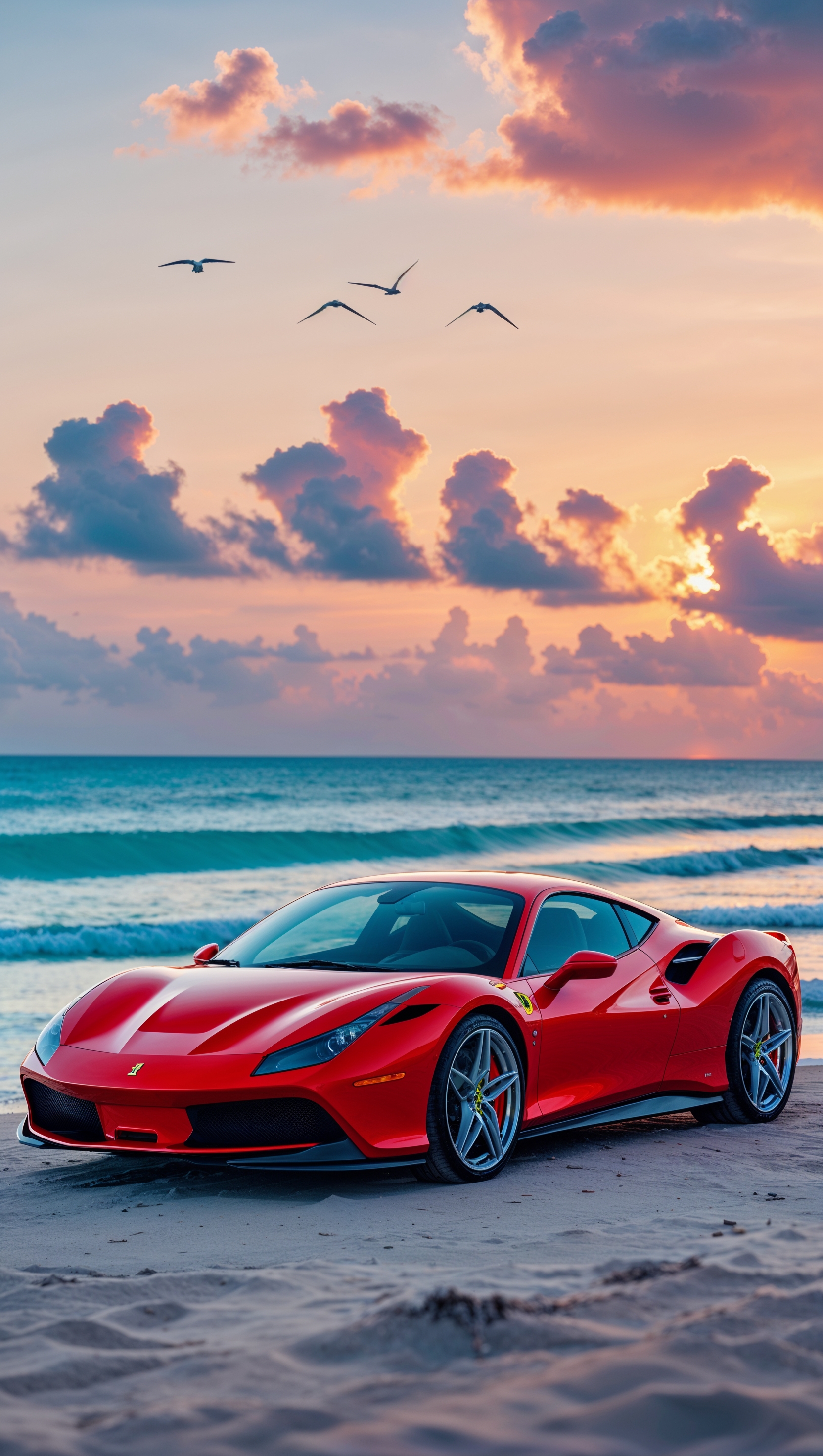 iPhone wallpaper with Ferrari at beach sunset scene